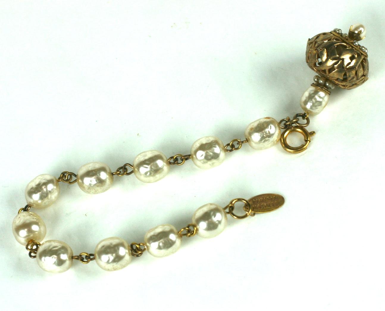 Miriam Haskell Baroque Pearl and Gilt Filigree Fob Bracelet In Excellent Condition In New York, NY