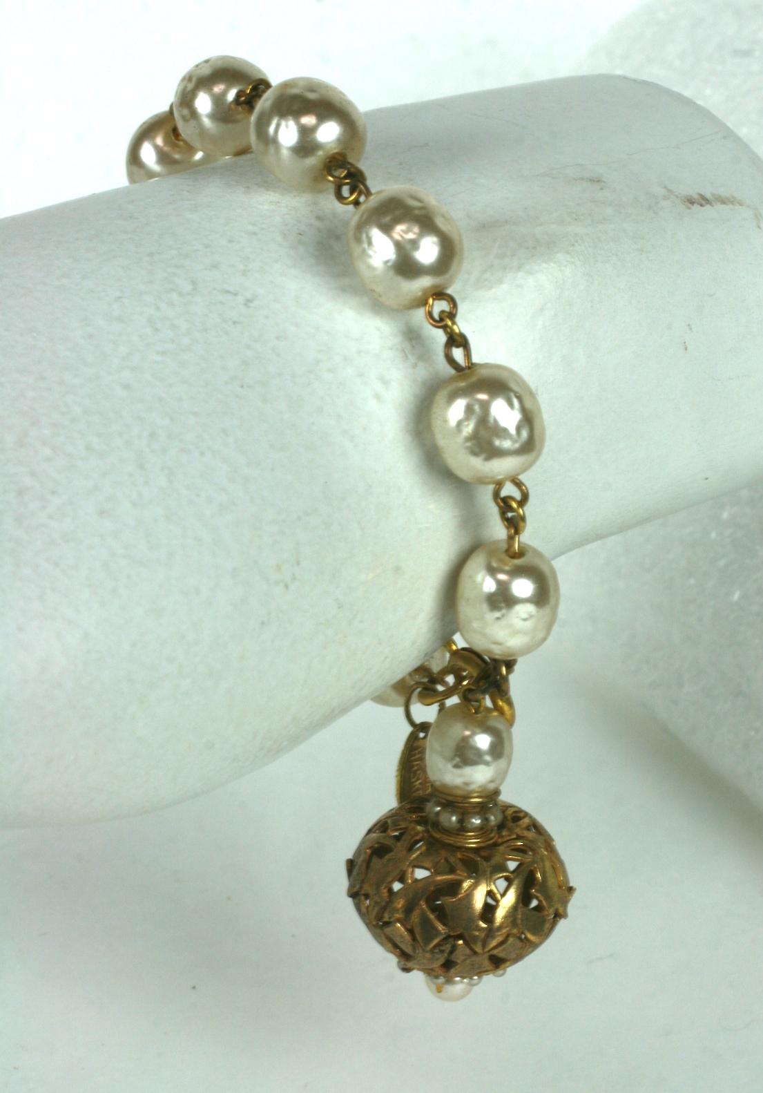 Miriam Haskell Baroque Pearl and Gilt Filigree Fob Bracelet For Sale 1