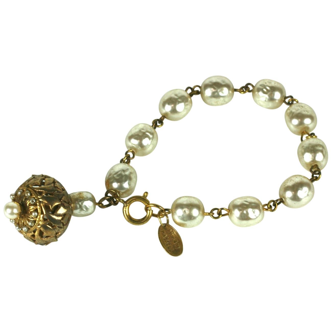 Miriam Haskell Baroque Pearl and Gilt Filigree Fob Bracelet For Sale