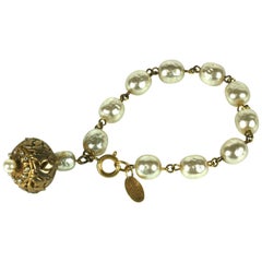 Miriam Haskell Baroque Pearl and Gilt Filigree Fob Bracelet