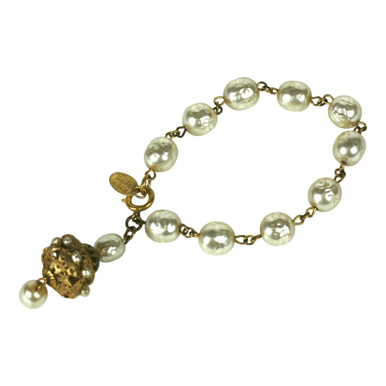 Miriam Haskell Baroque Pearl and Gilt Filigree Fob Bracelet For 