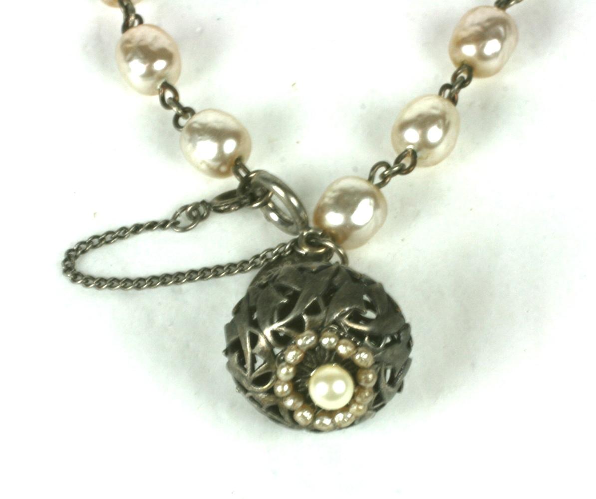 Miriam Haskell Baroque Pearl and Silver Gilt Filigree Fob Bracelet In Excellent Condition For Sale In New York, NY