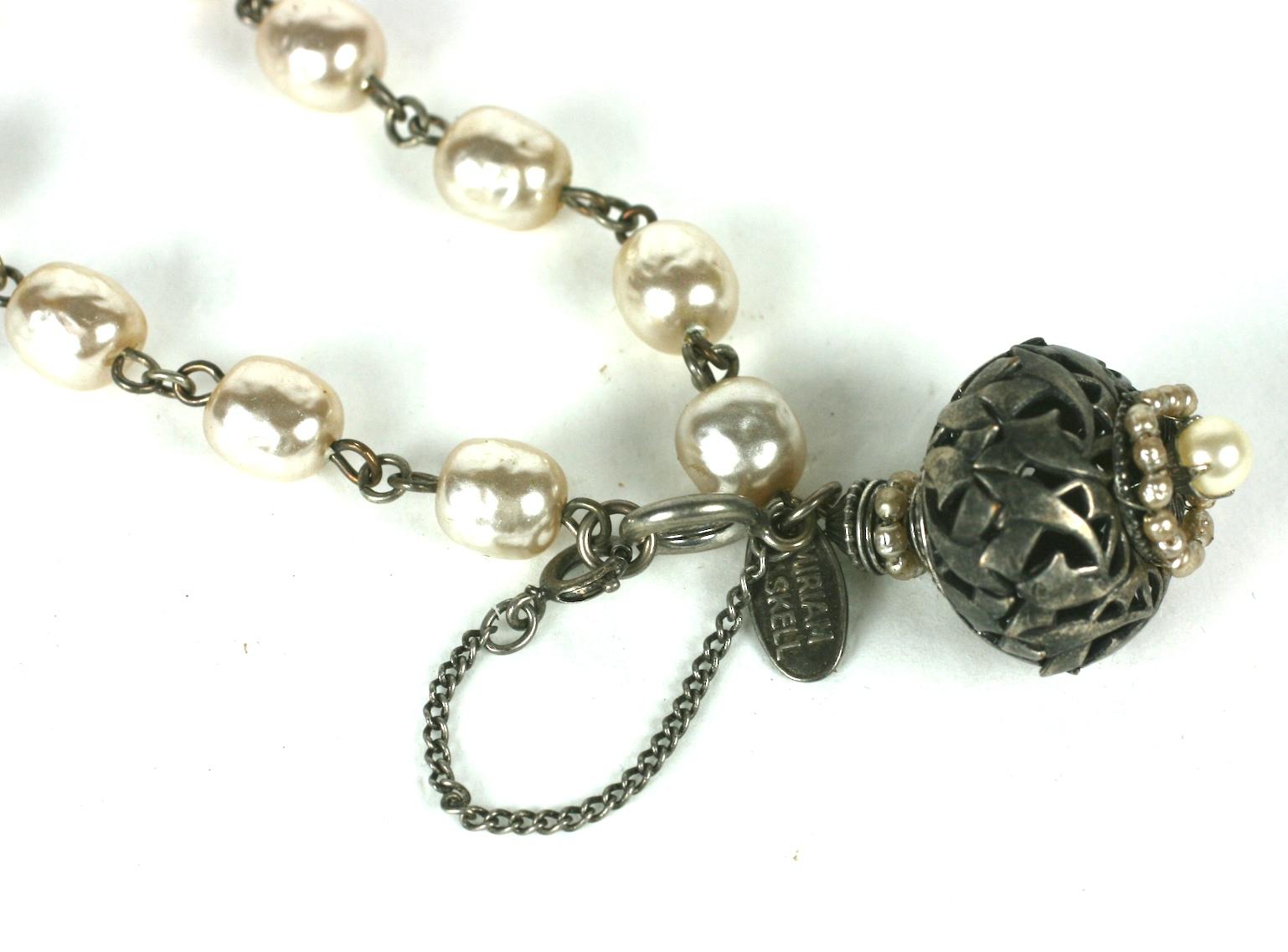 Women's or Men's Miriam Haskell Baroque Pearl and Silver Gilt Filigree Fob Bracelet For Sale