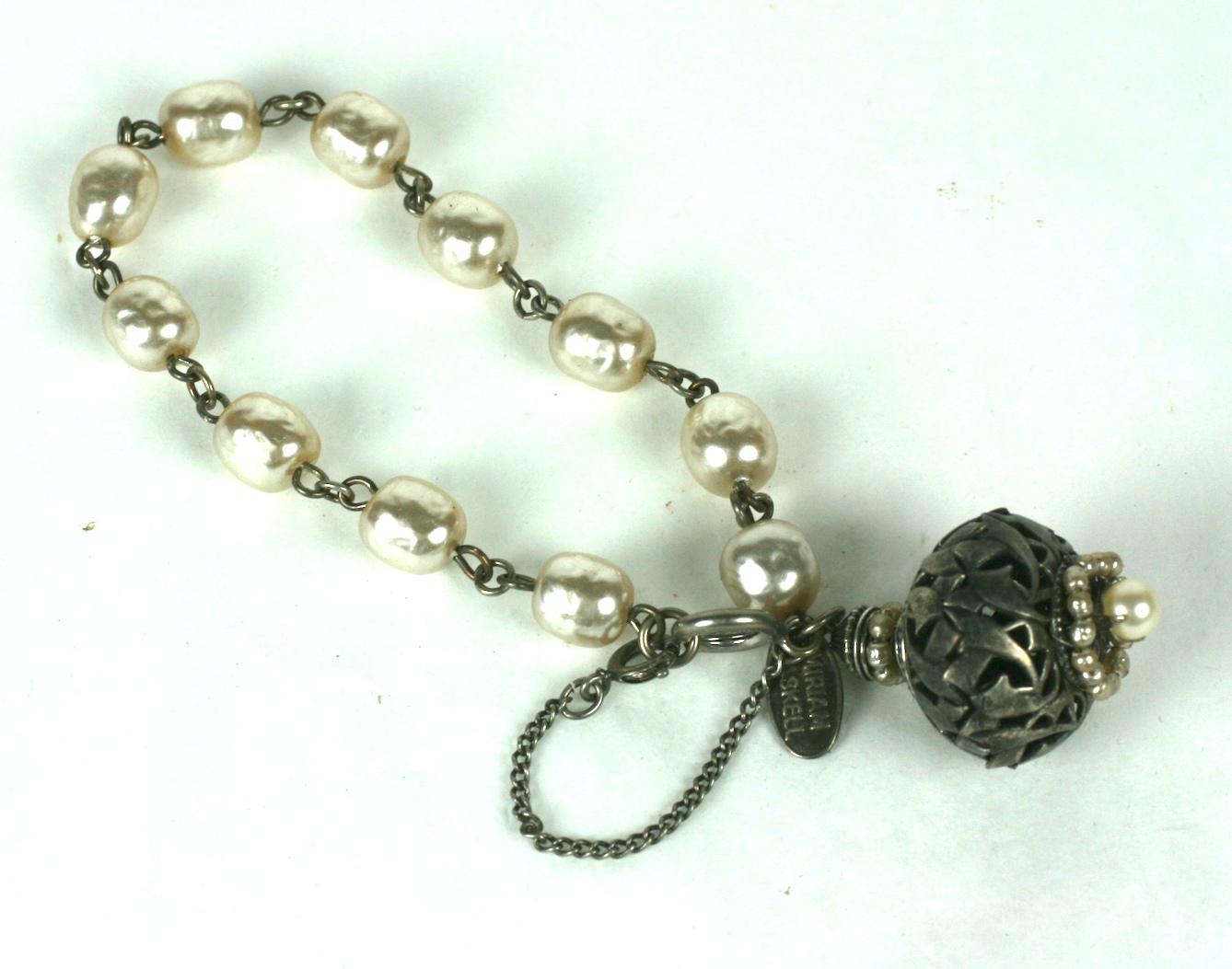 Miriam Haskell Baroque Pearl and Silver Gilt Filigree Fob Bracelet For Sale 1