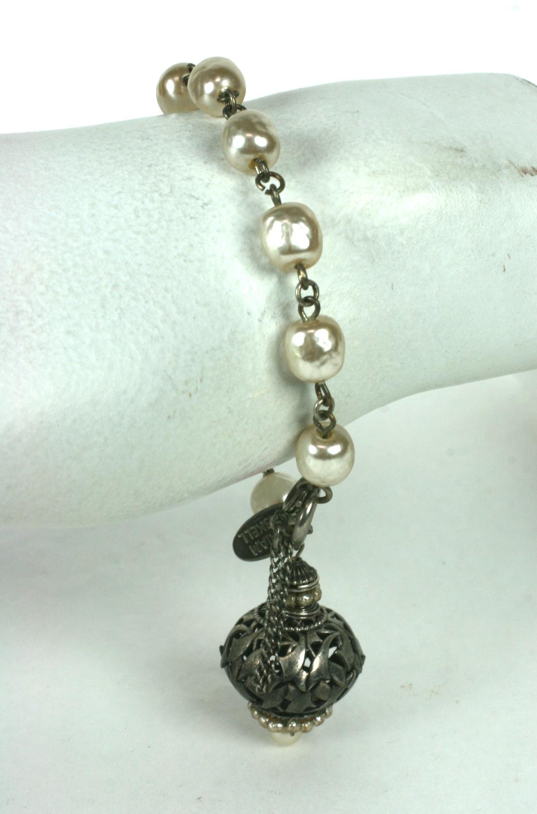 Miriam Haskell Baroque Pearl and Silver Gilt Filigree Fob Bracelet For Sale 2