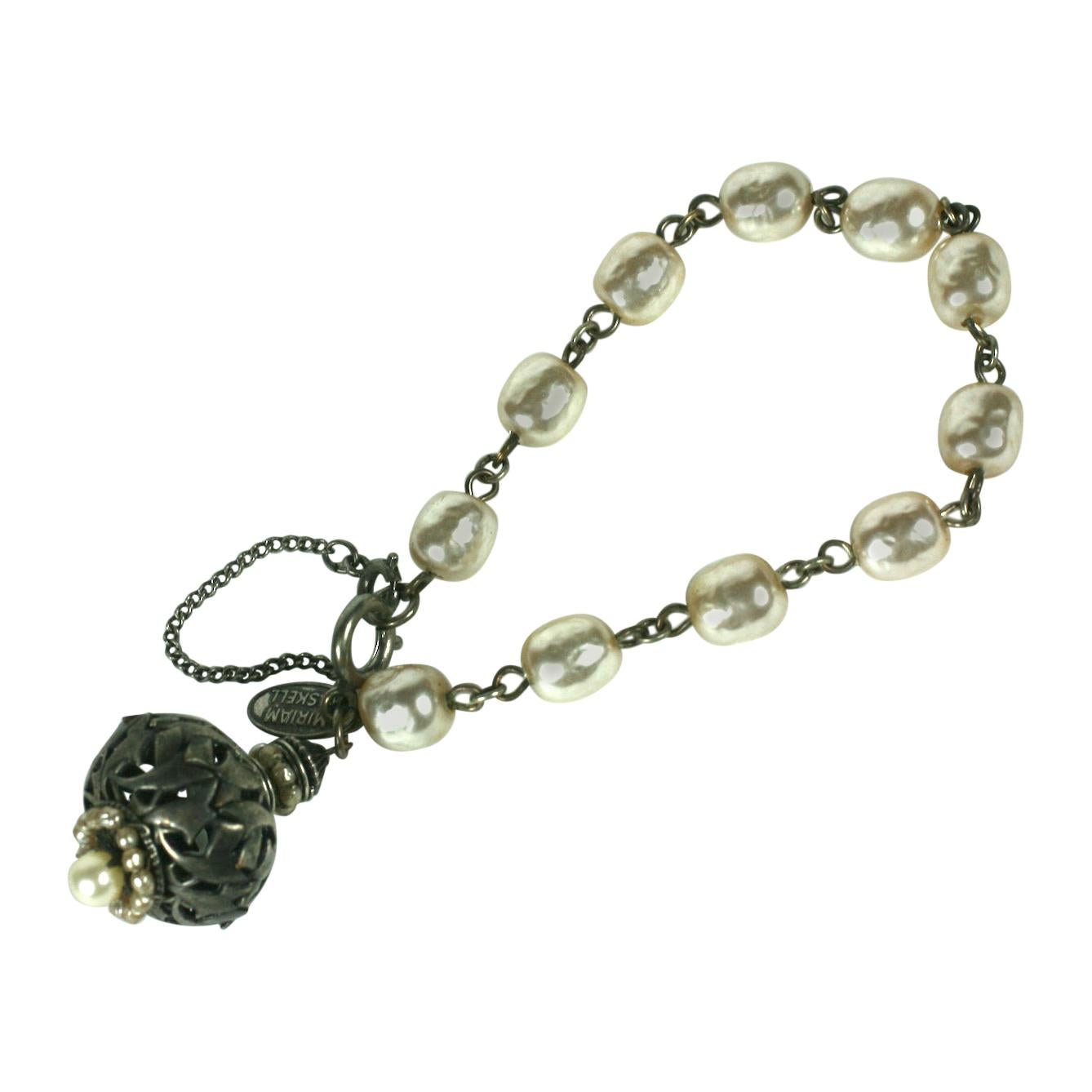Miriam Haskell Baroque Pearl and Silver Gilt Filigree Fob Bracelet For Sale