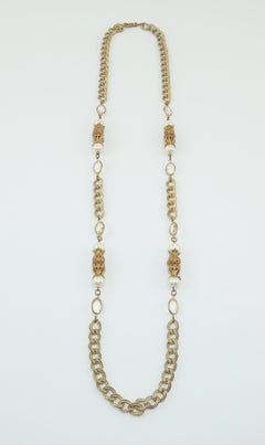 Miriam Haskell Baroque Pearl With Gilt Filigree Chain Necklace, 1950's