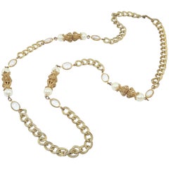 Miriam Haskell Baroque Pearl With Gilt Filigree Chain Necklace, 1950's