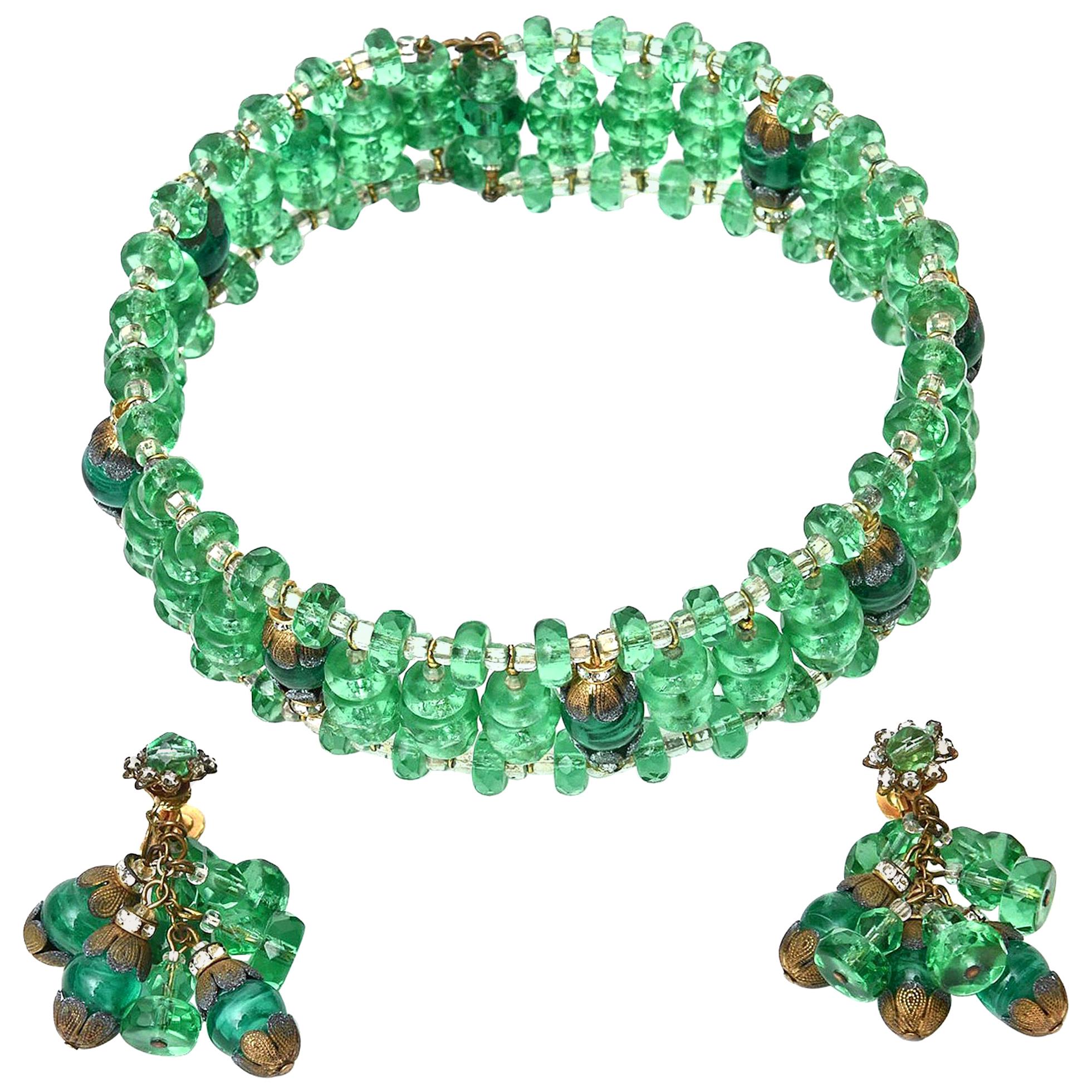 Miriam Haskell Beaded Green Glass Choker 
Matching Dangle Earrings Set Vintage