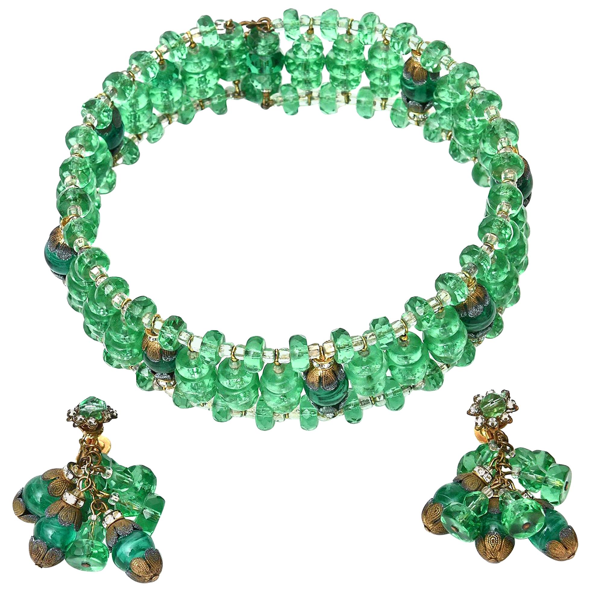  Miriam Haskell Beaded Green Glass Choker & Matching Dangle Earrings Set Vintage