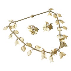 Miriam Haskell Brass Leaf & Pearl Necklace - Earring Set Circa 1950s