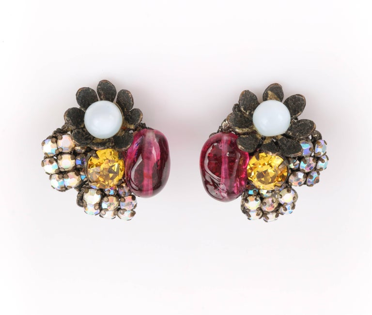 Download MIRIAM HASKELL c.1950's Glass Bead and Crystal Rhinestone Clip On Cluster Earrings For Sale at ...