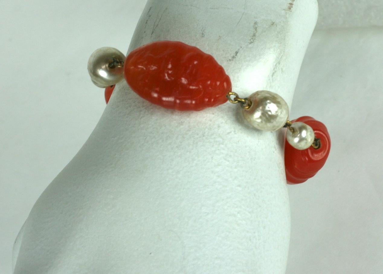 Miriam Haskell  Gripoix Glass Carnelian Pate de Verre and Pearl Bracelet In Excellent Condition For Sale In New York, NY