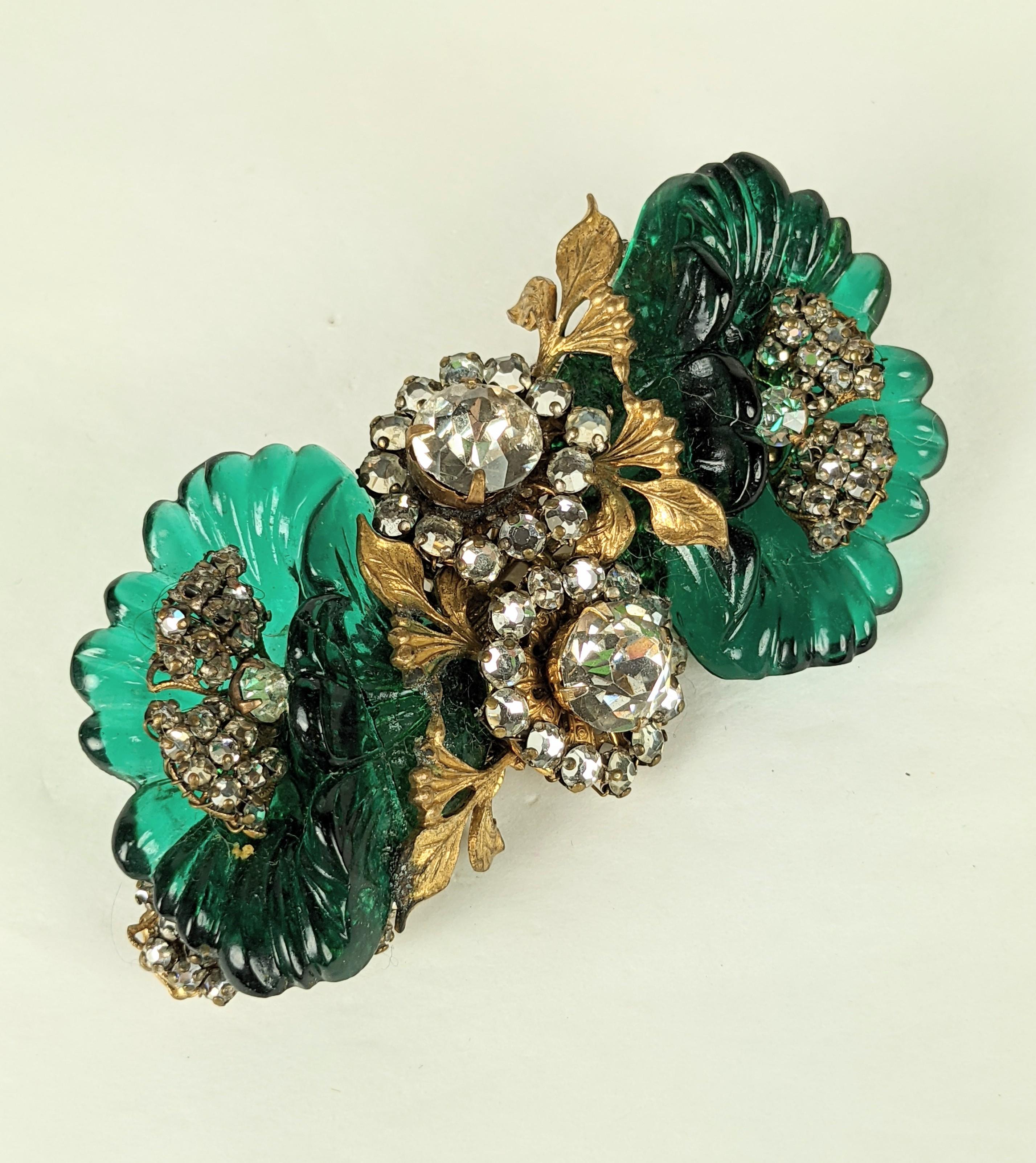 Lovely Miriam Haskell  hand carved , molded emerald french Gripoix  Glass  double flower brooch with  hand sewn rose montee crystal details, crystal rhinestone flower heads, and Russian gilt metal findings.  Signed Miriam Haskell. 3