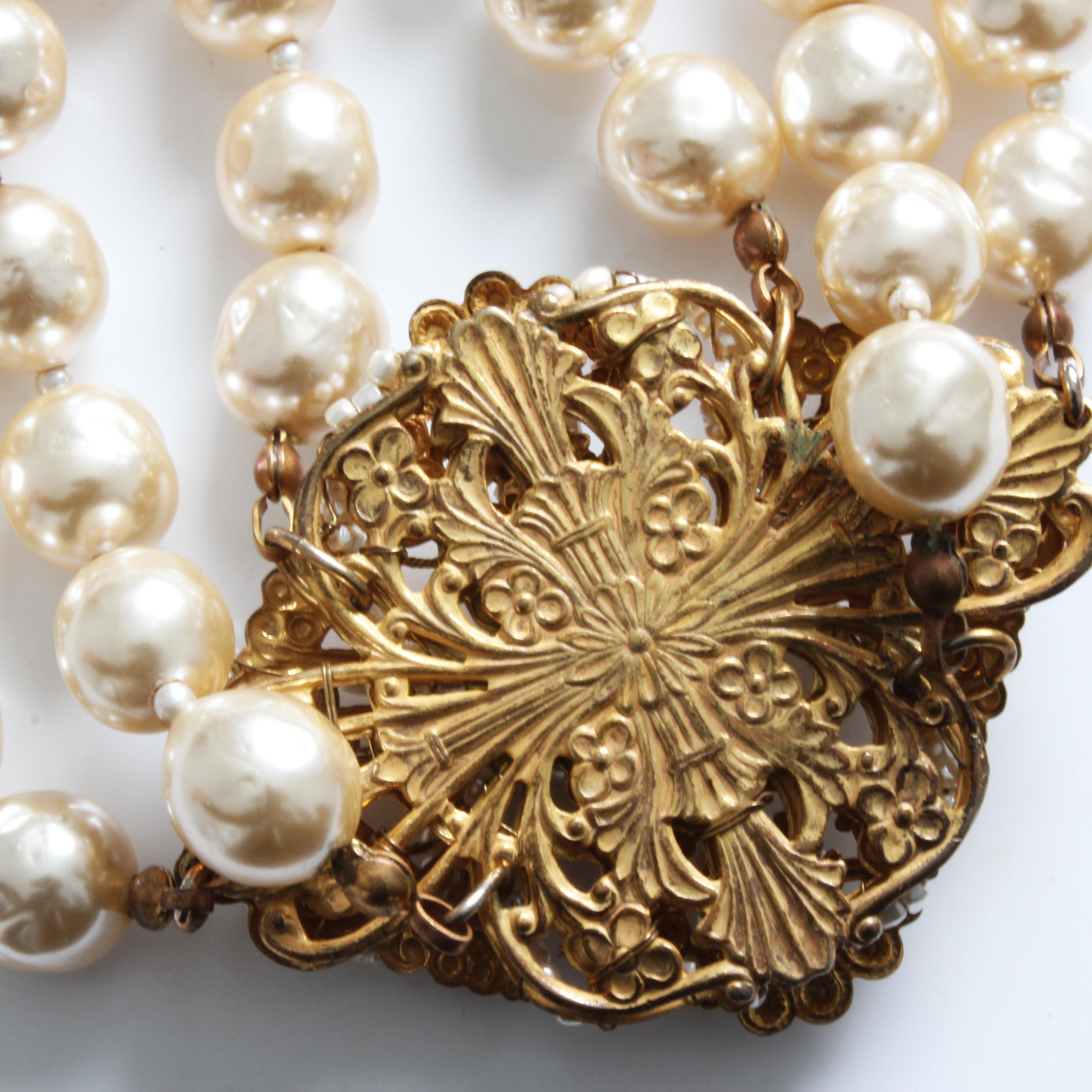 Miriam Haskell Choker Necklace Gold Filigree & Baroque Glass Pearls Multi-Strand 6