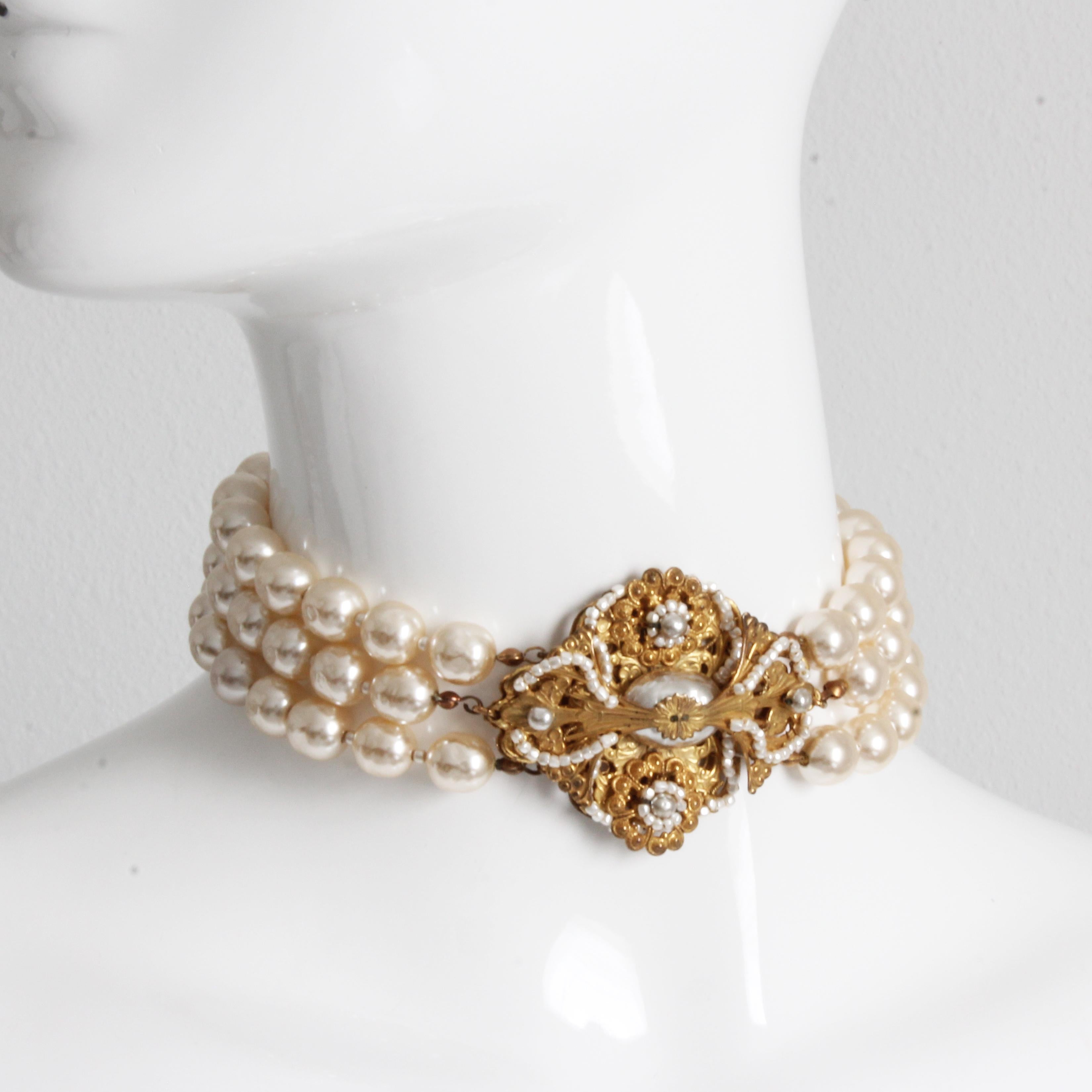 Miriam Haskell Choker Necklace Gold Filigree & Baroque Glass Pearls Multi-Strand In Good Condition In Port Saint Lucie, FL