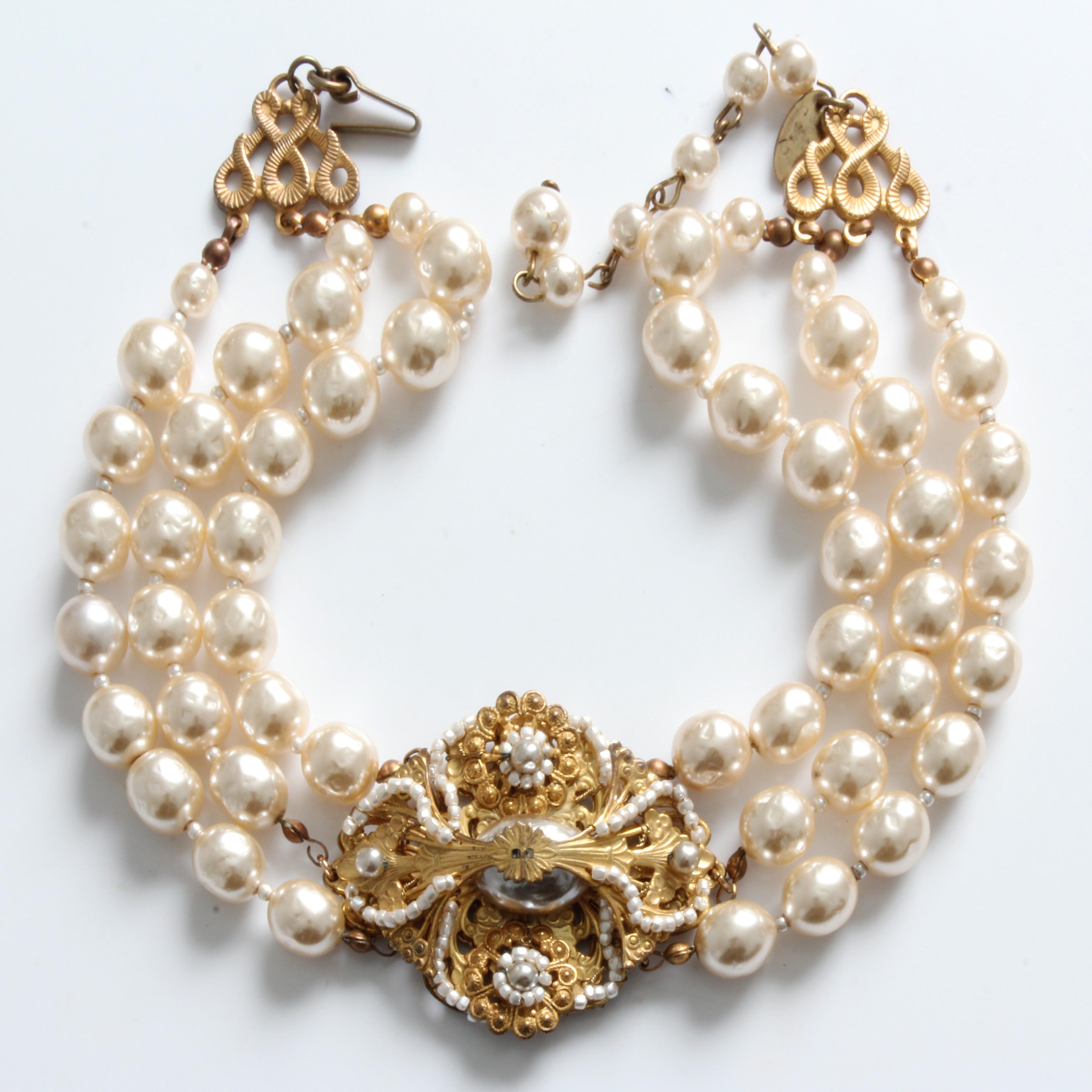 Women's or Men's Miriam Haskell Choker Necklace Gold Filigree & Baroque Glass Pearls Multi-Strand