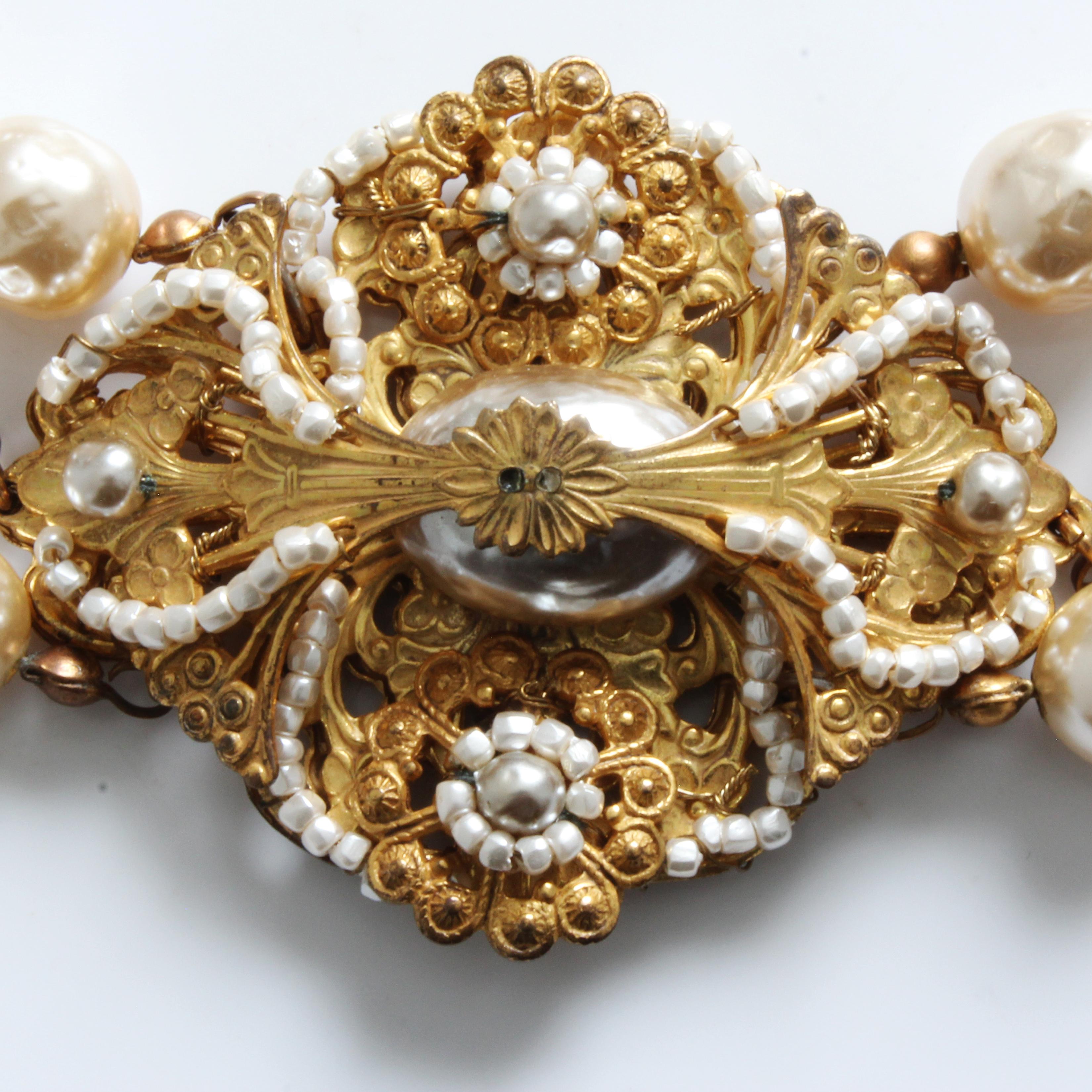 Miriam Haskell Choker Necklace Gold Filigree & Baroque Glass Pearls Multi-Strand 1