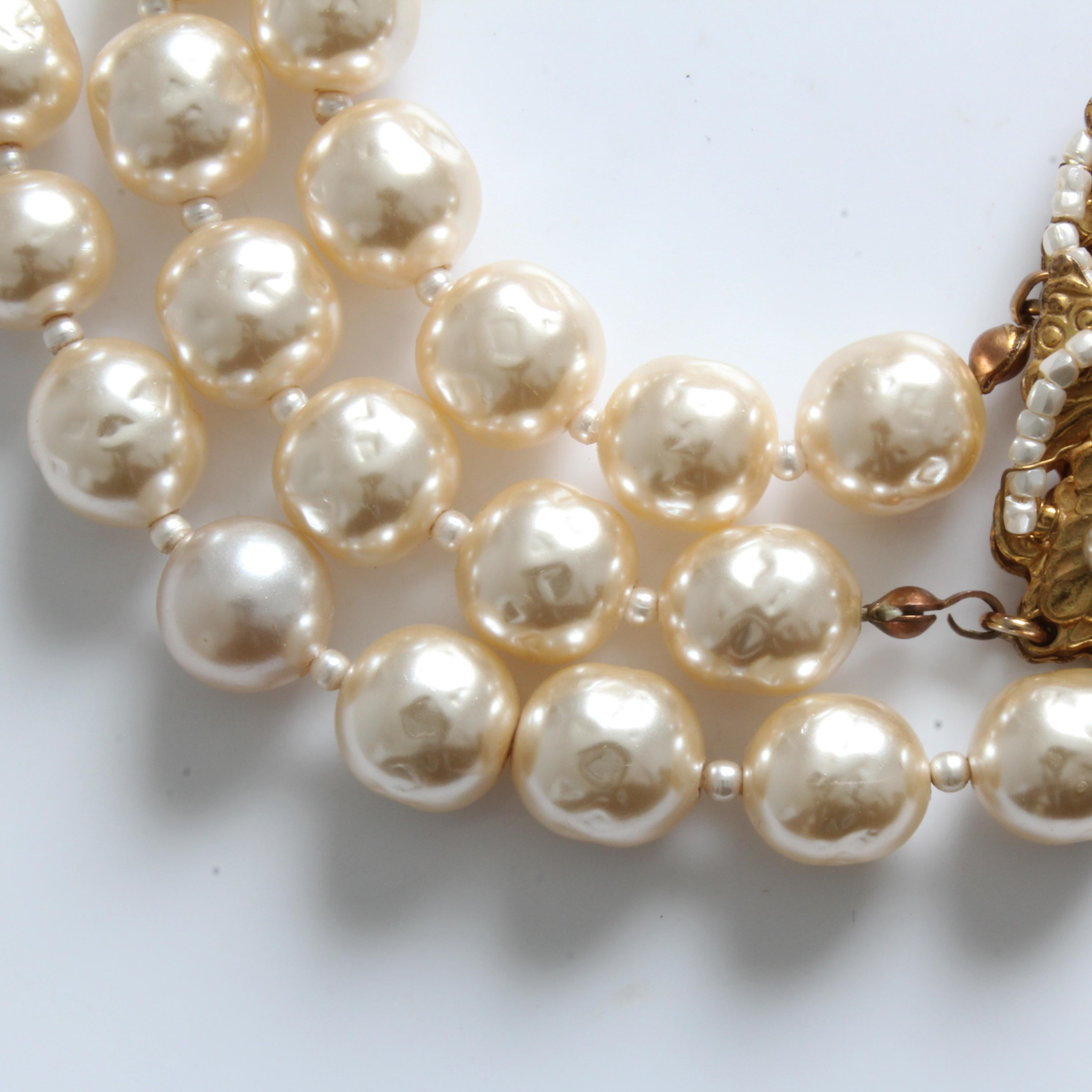 Miriam Haskell Choker Necklace Gold Filigree & Baroque Glass Pearls Multi-Strand 2
