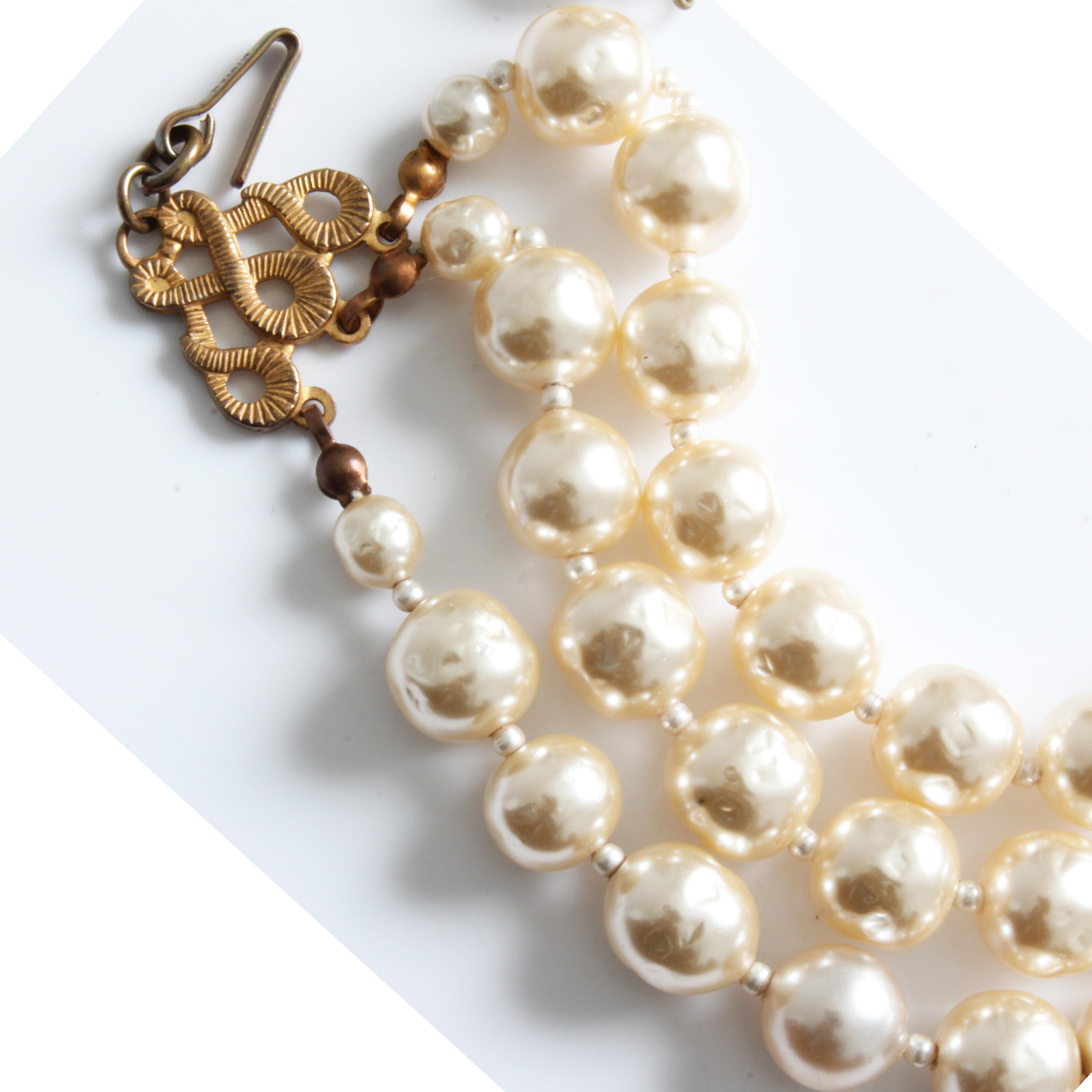 Miriam Haskell Choker Necklace Gold Filigree & Baroque Glass Pearls Multi-Strand 3