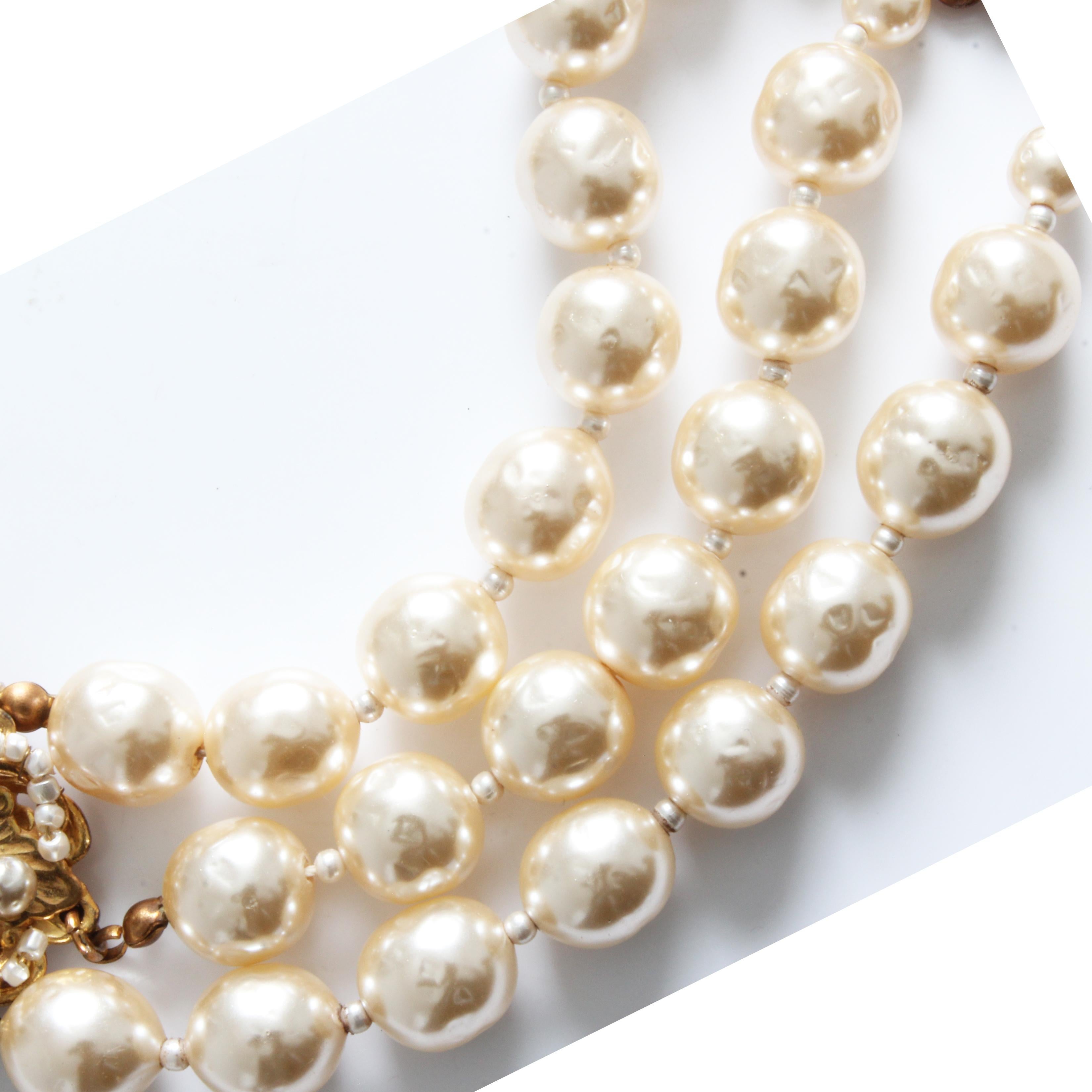 Miriam Haskell Choker Necklace Gold Filigree & Baroque Glass Pearls Multi-Strand 4
