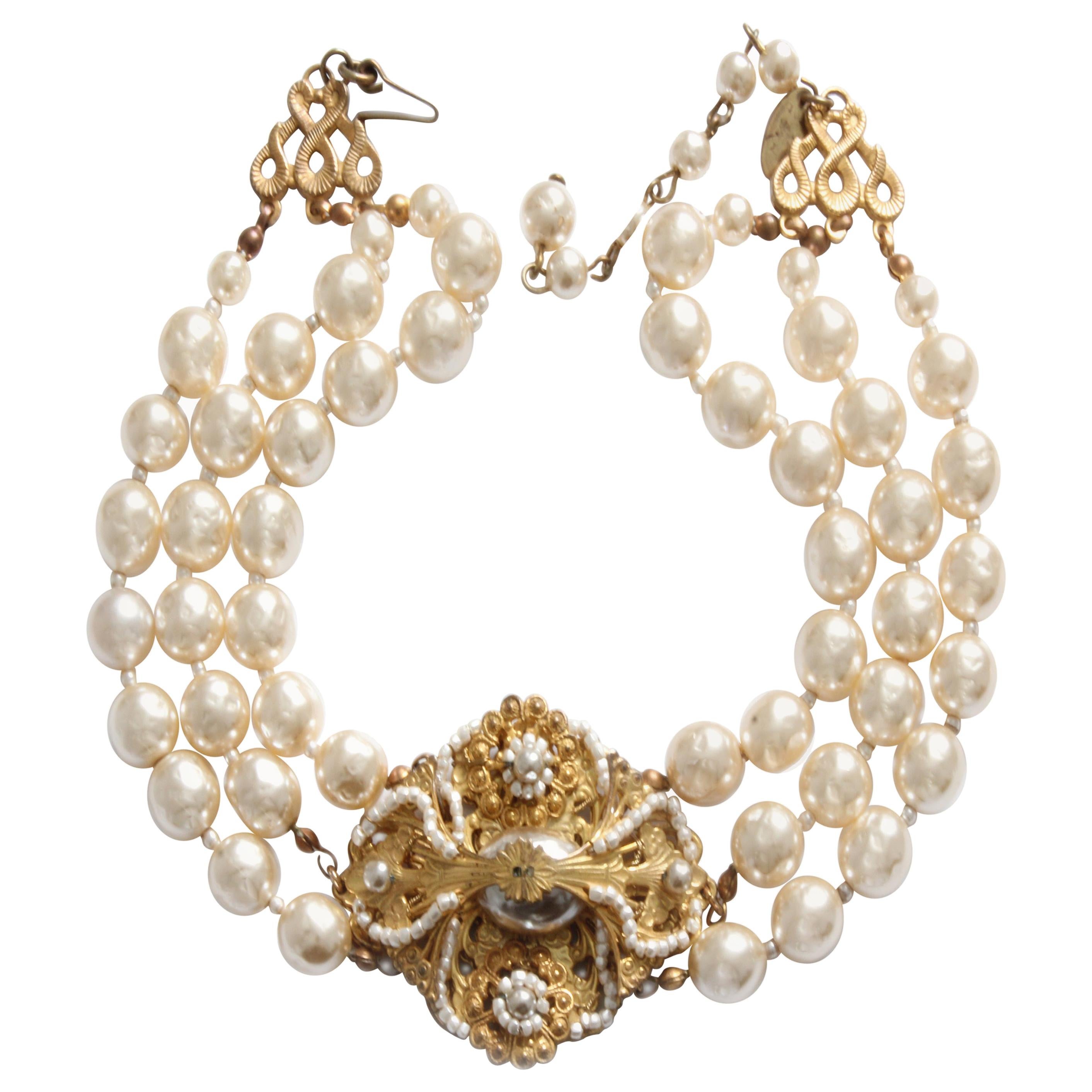 Miriam Haskell Choker Necklace Gold Filigree & Baroque Glass Pearls Multi-Strand