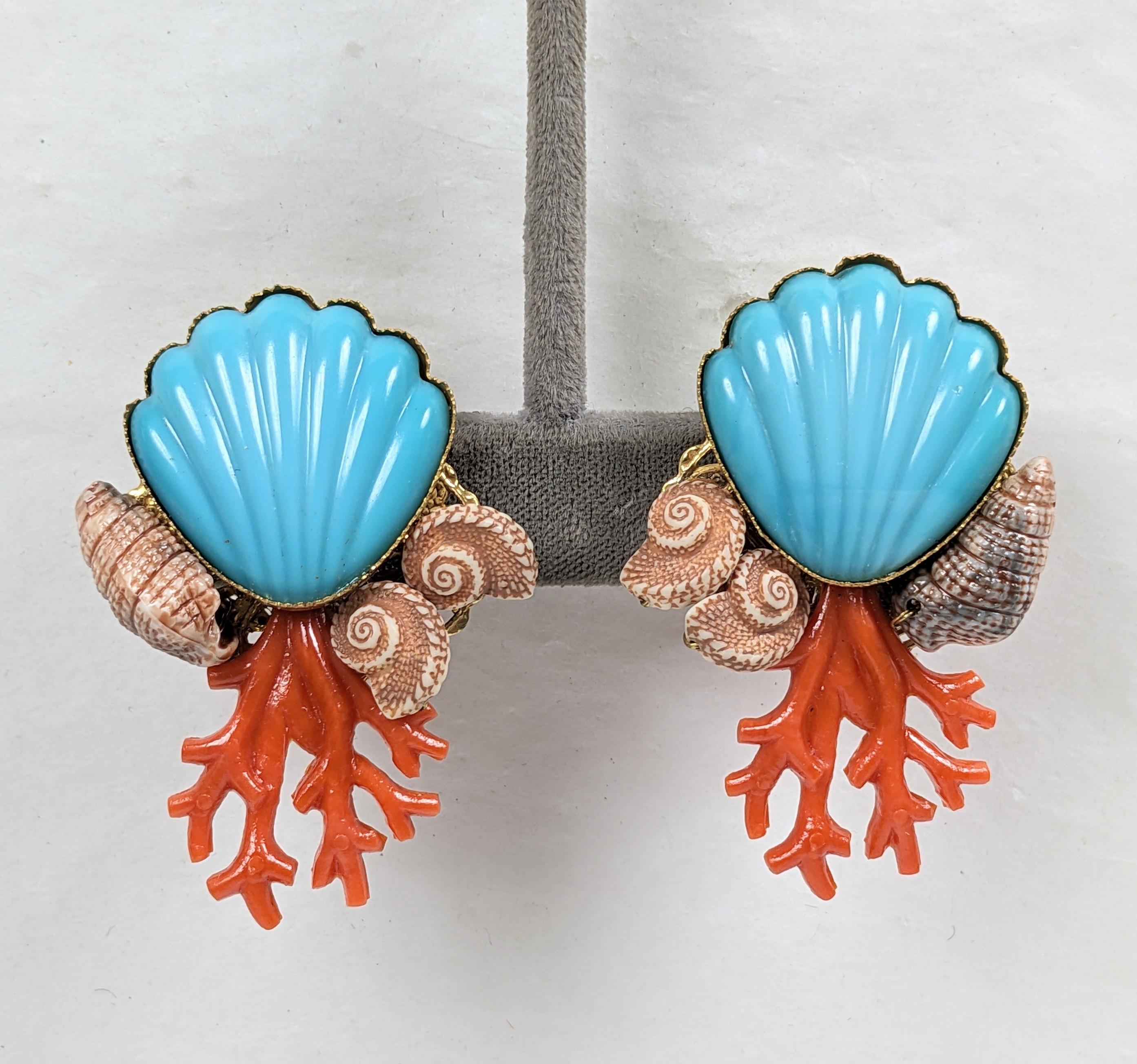 Miriam Haskell Coral and Shell Motif Earrings In Excellent Condition For Sale In New York, NY