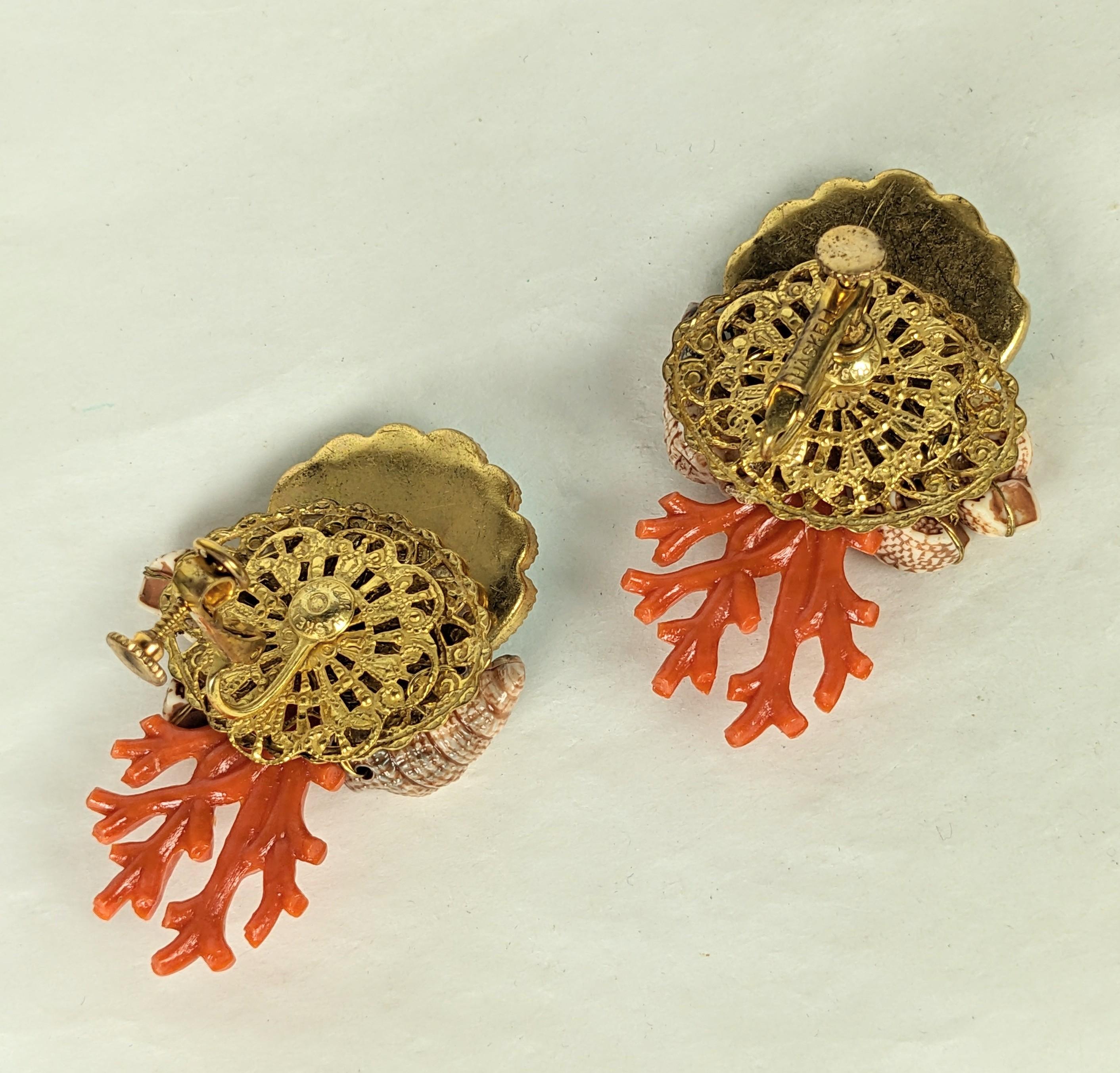 Miriam Haskell Coral and Shell Motif Earrings For Sale 1