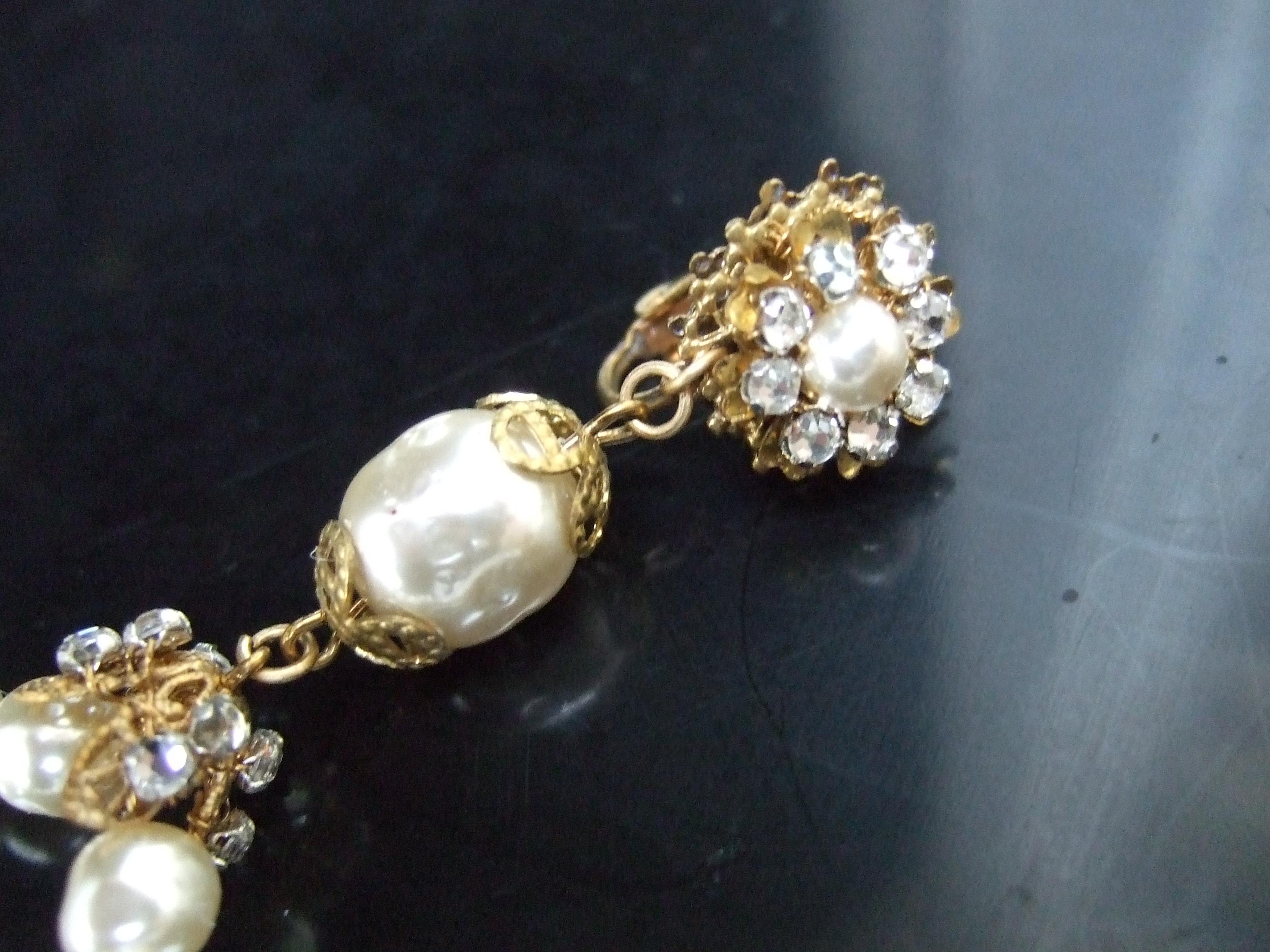 Miriam Haskell Dramatic Glass Enamel Pearl Dangle Hoop Clip on Earrings c 1960 For Sale 3