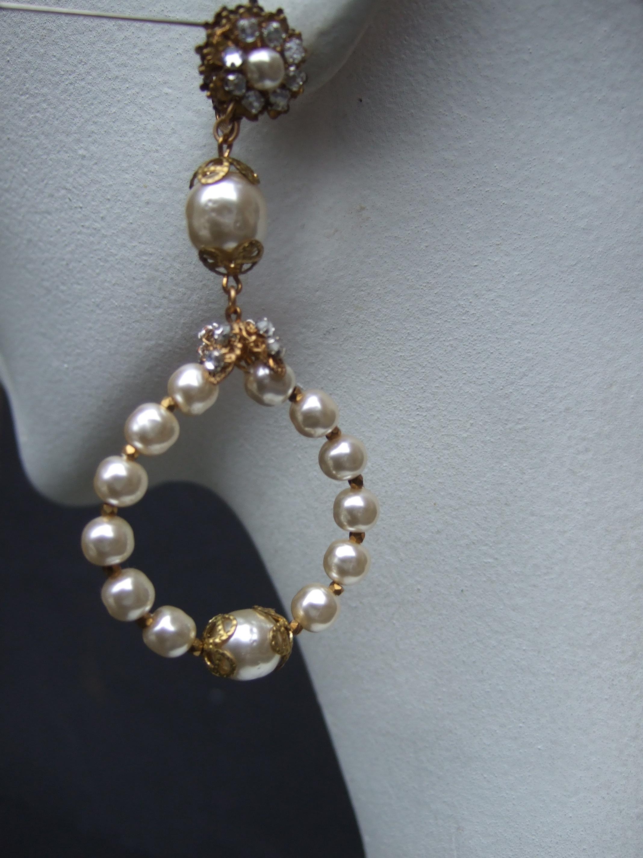 Women's Miriam Haskell Dramatic Glass Enamel Pearl Dangle Hoop Clip on Earrings c 1960 For Sale