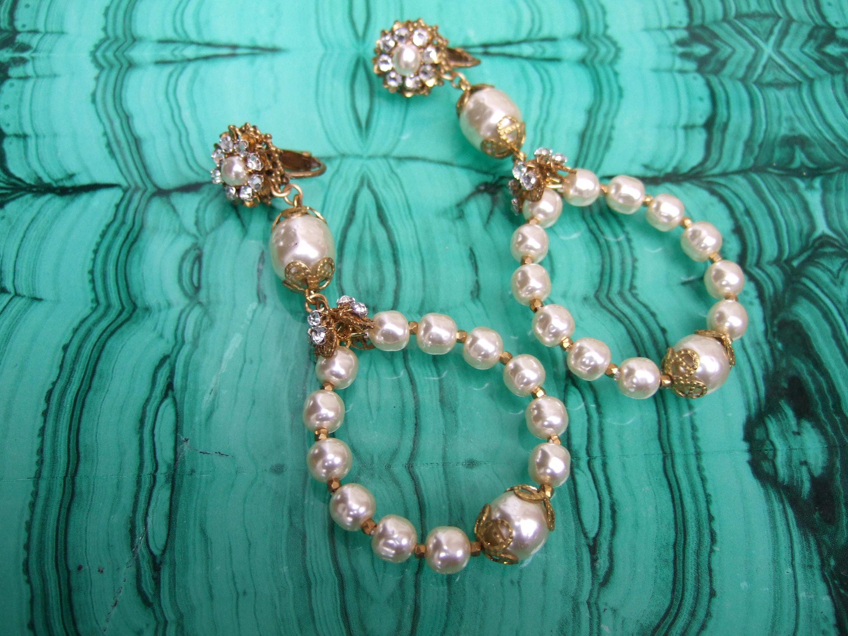 Miriam Haskell Dramatic Glass Enamel Pearl Dangle Hoop Clip on Earrings c 1960 For Sale 1