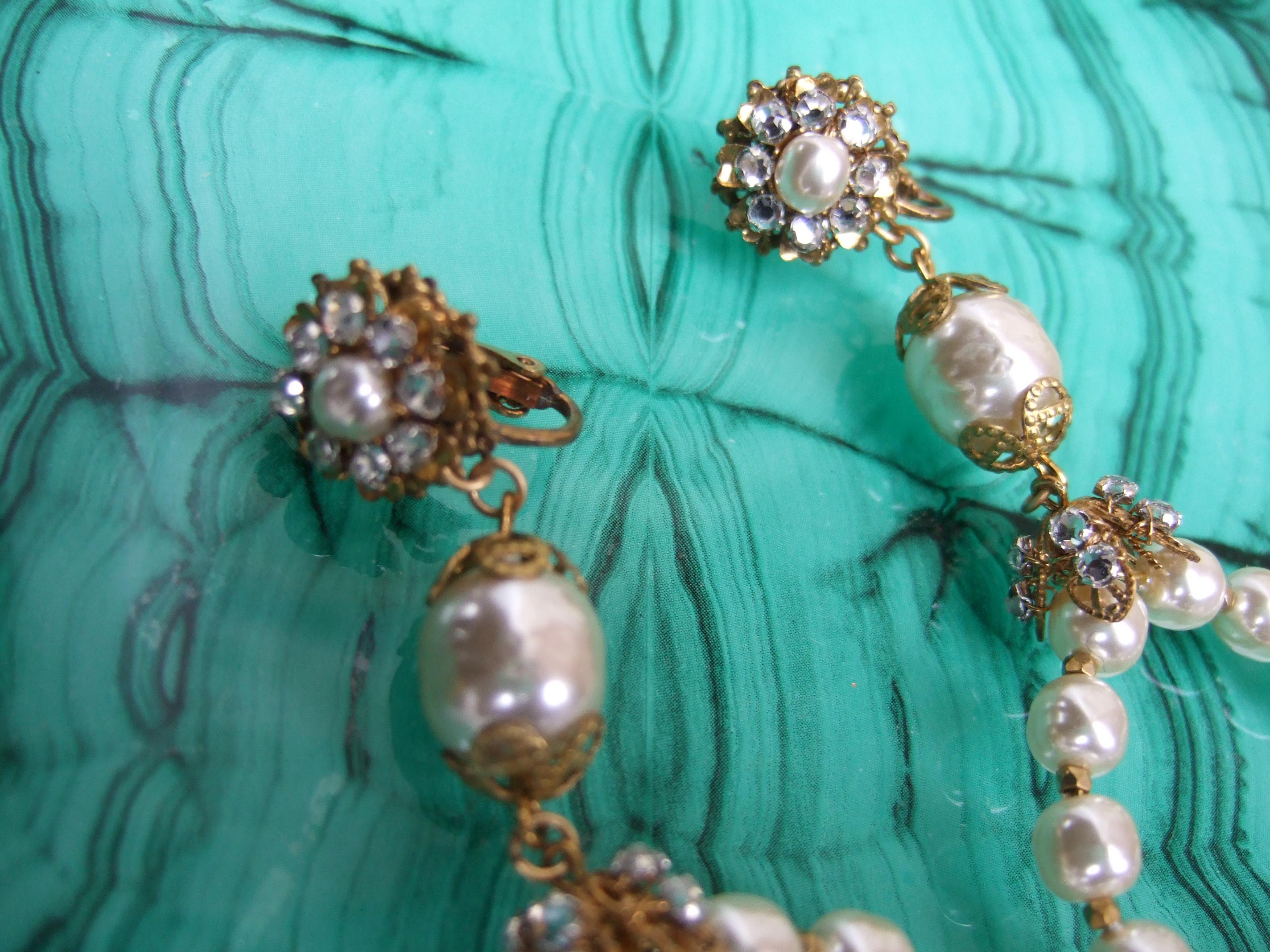 Miriam Haskell Dramatic Glass Enamel Pearl Dangle Hoop Clip on Earrings c 1960 For Sale 2