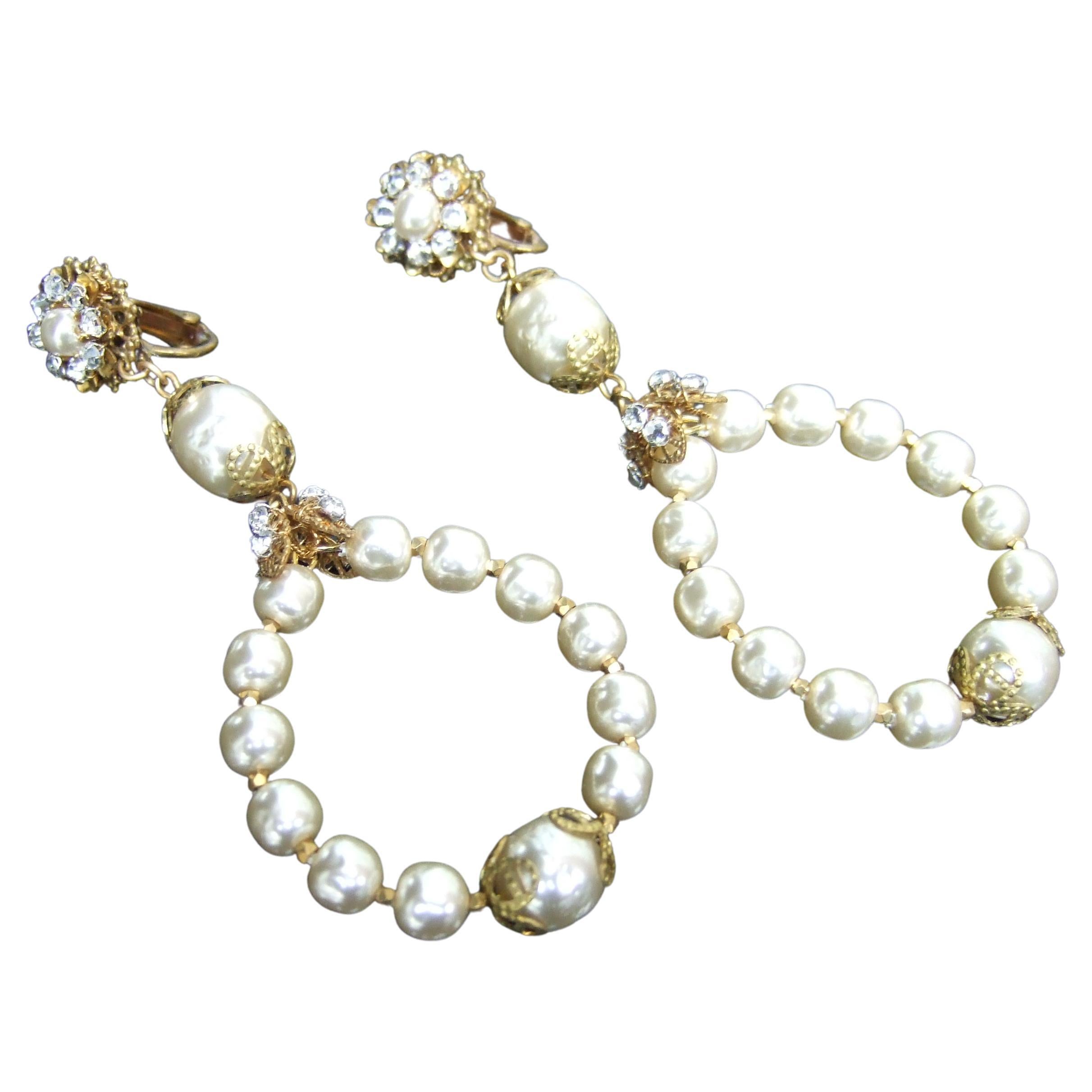 Miriam Haskell Dramatic Glass Enamel Pearl Dangle Hoop Clip on Earrings c 1960