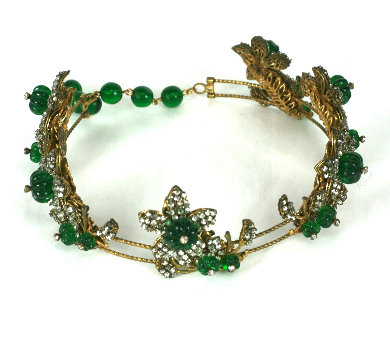 Rare Miriam Haskell Elaborate 1930's Cut Melon Bead Tiara-Collar. Extremely elaborate hand wired floriform stations are decorated with emerald cotele beads and hundreds of crystal rose montees on a rigid wire collar. Bead extension on back allows