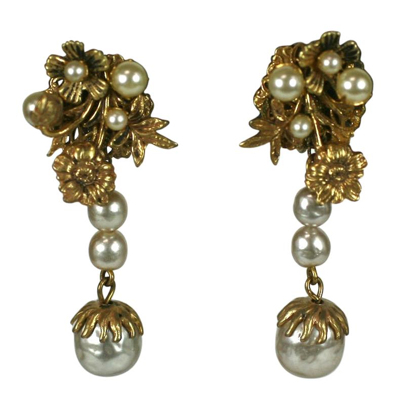 Miriam Haskell Elaborate Pearl and Gilt Long Earclips For Sale