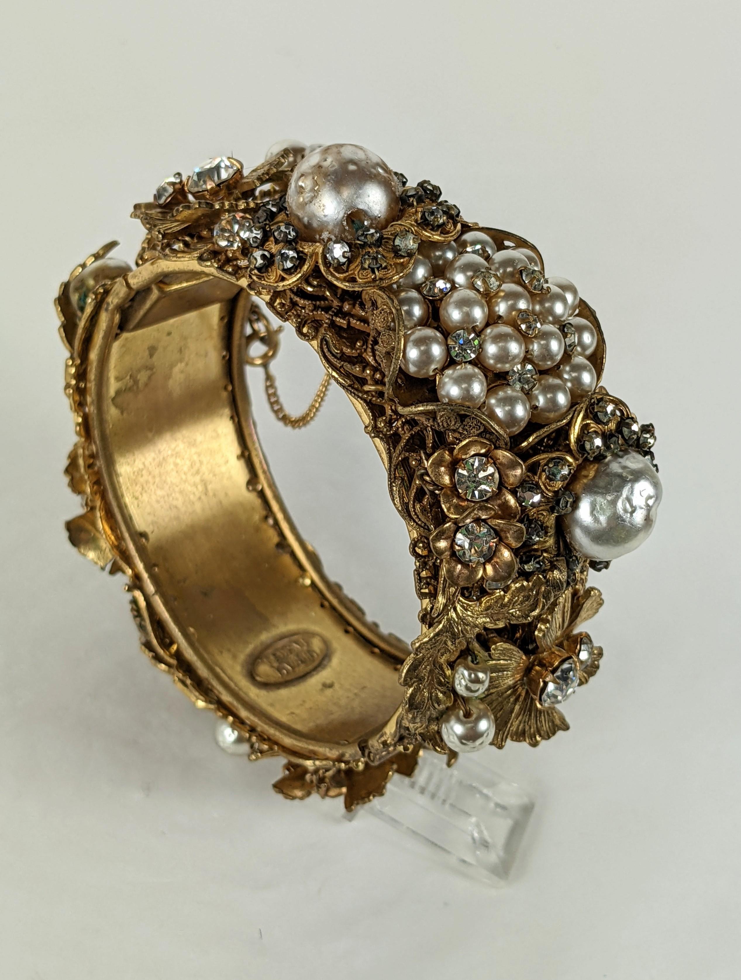 Anglo-Indian Miriam Haskell Elaborate Pearl Hinged Cuff Bracelet For Sale