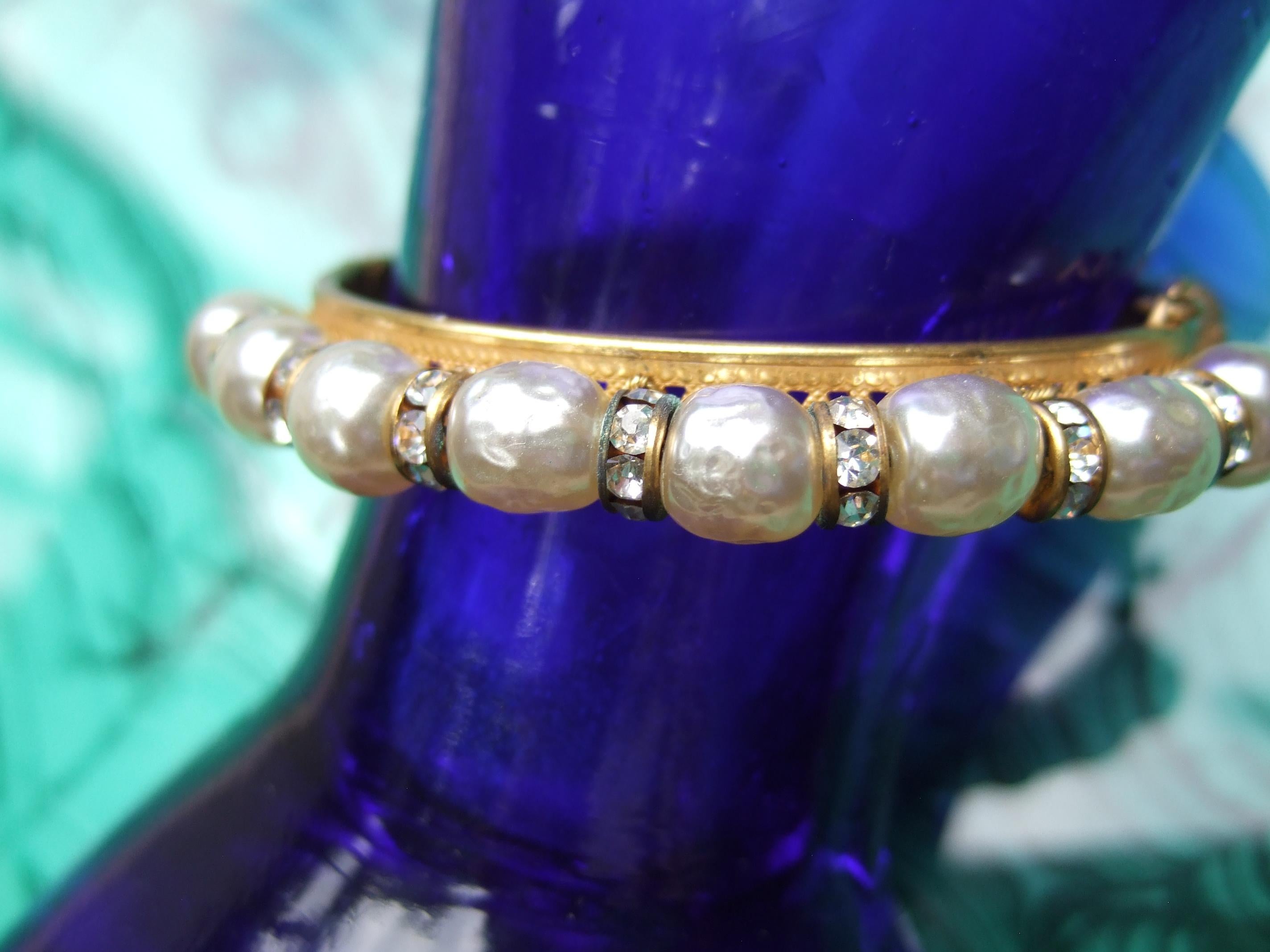 Gilded Age Miriam Haskell Elegant Glass Enamel Pearl Hinged Bracelet c 1950s  For Sale