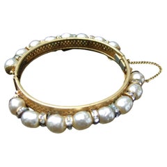 Retro Miriam Haskell Elegant Glass Enamel Pearl Hinged Bracelet c 1950s 