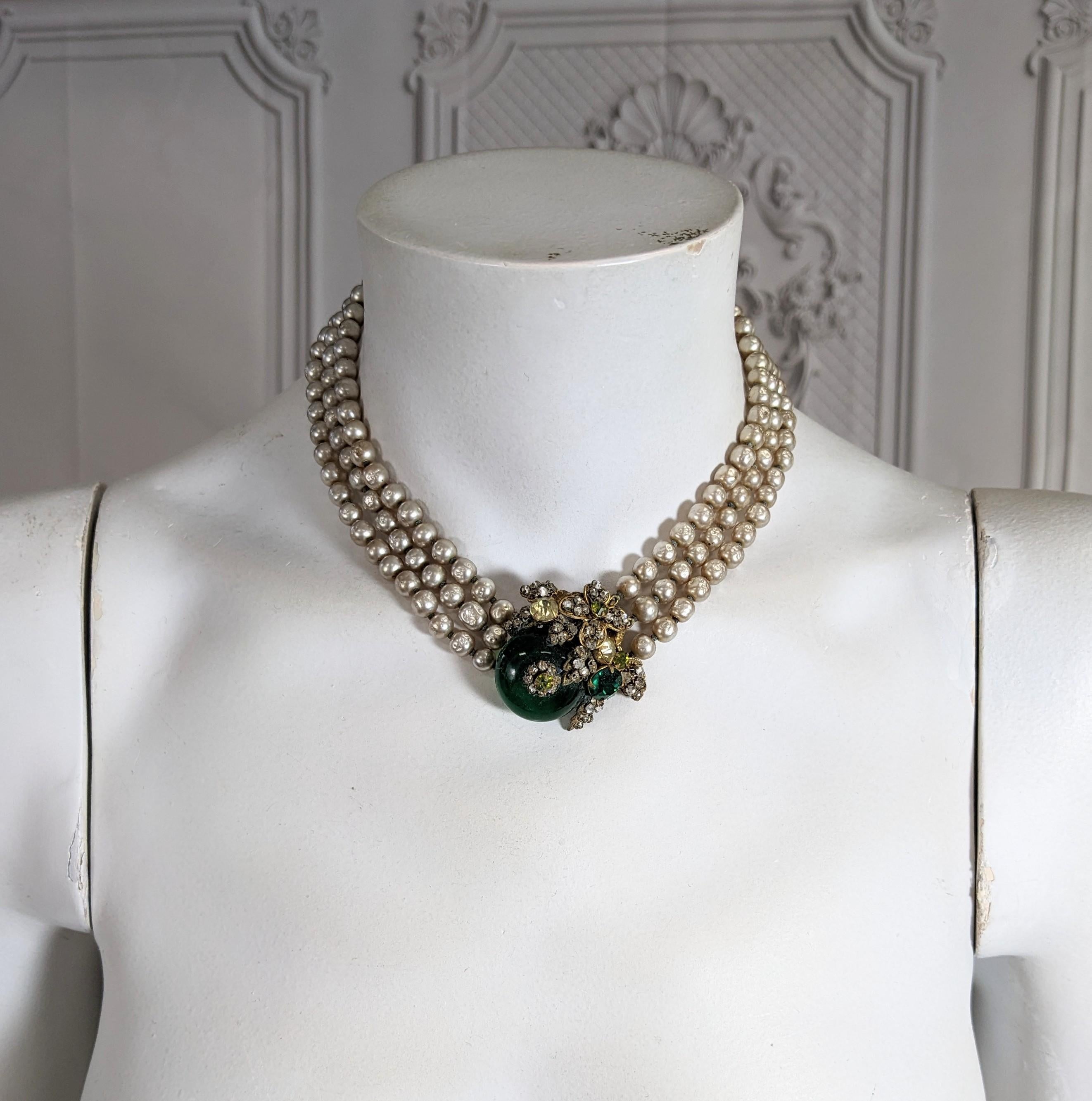 Miriam Haskell Emerald and Pearl Gripoix Glass Necklace For Sale 7
