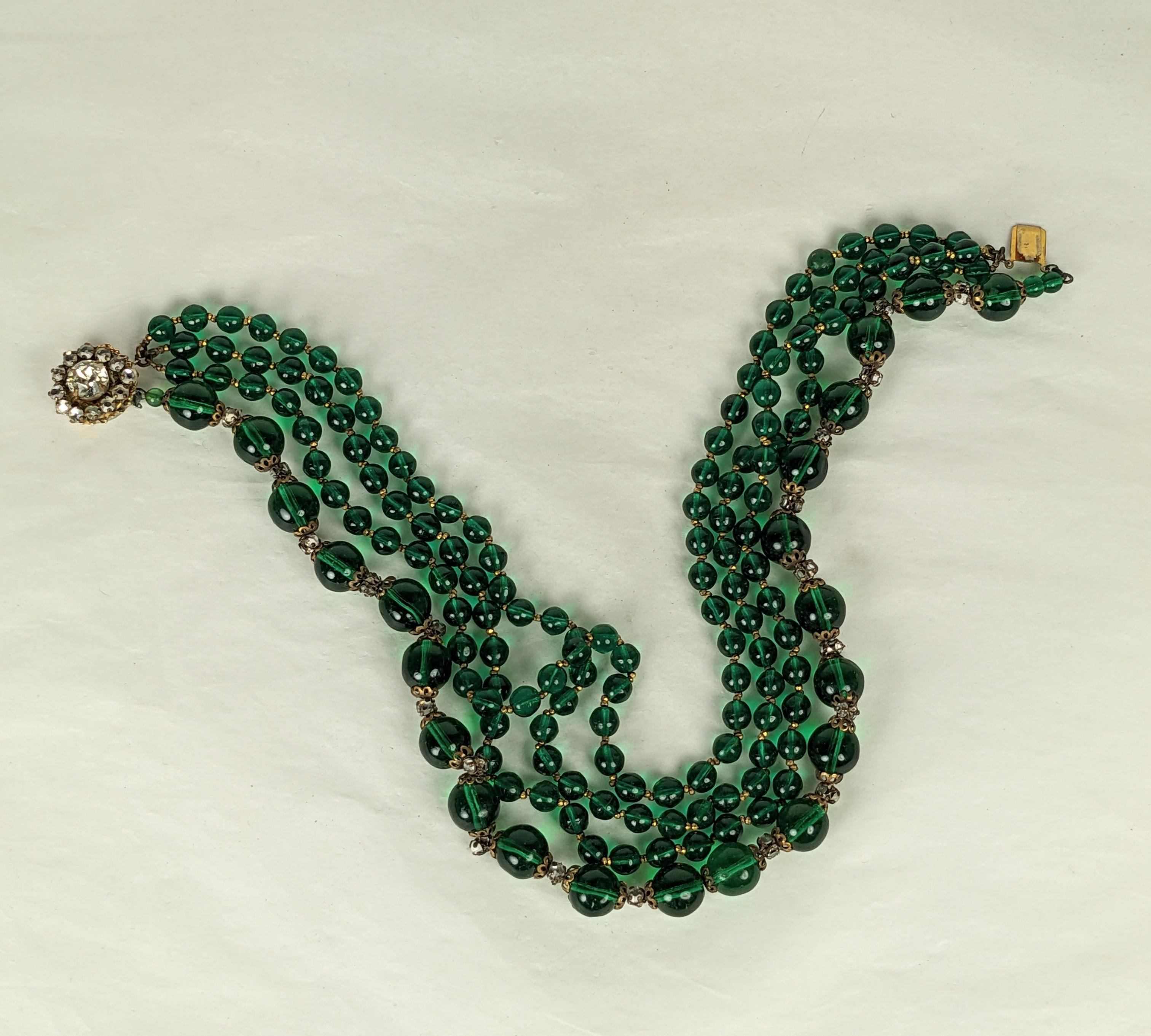 Artisan Miriam Haskell Emerald  Gripoix Glass Bead Necklace For Sale