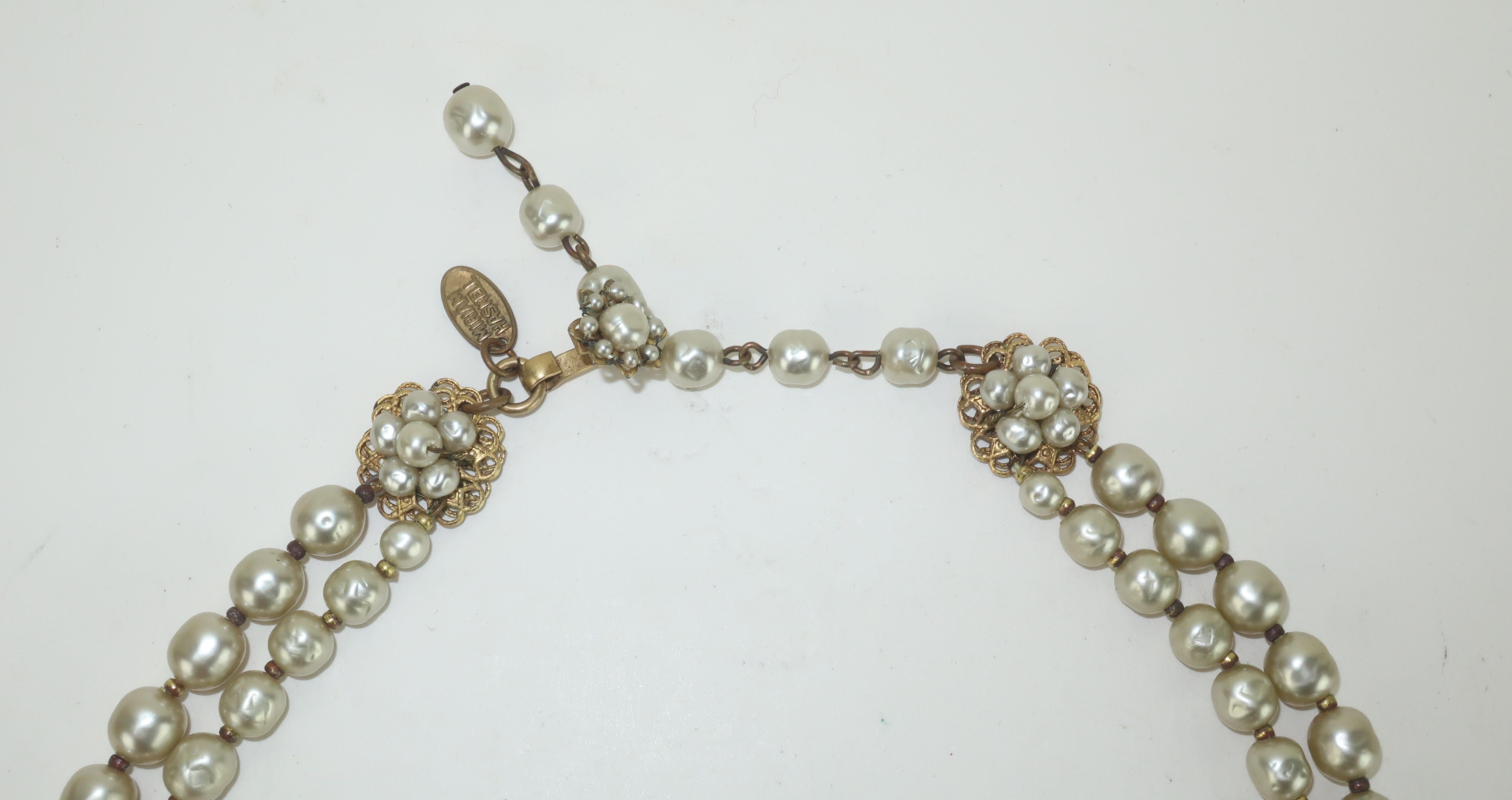 Baroque Revival MIRIAM HASKELL Faux Baroque Pearl & Rhinestone Pendant Necklace, 1950's