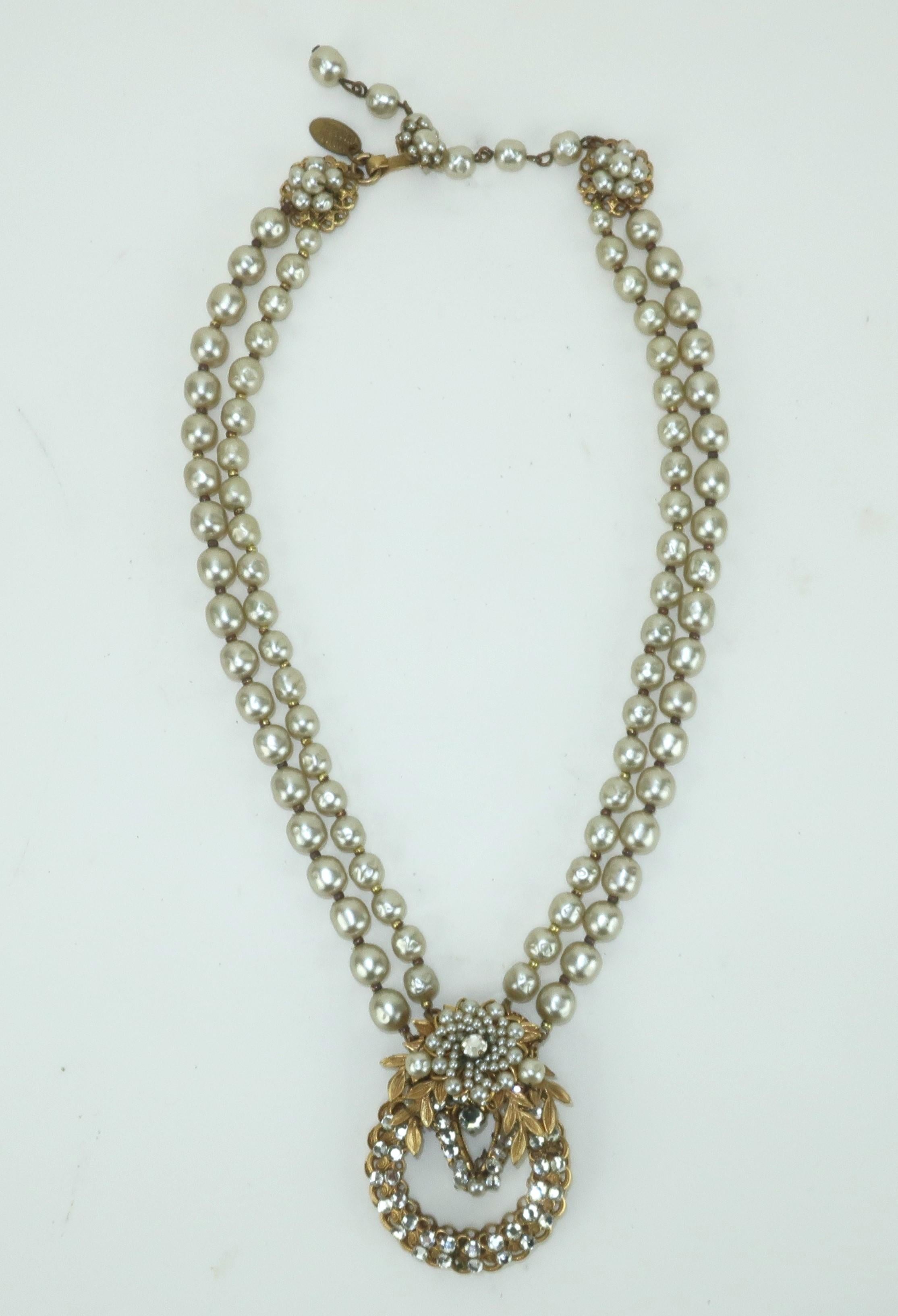 MIRIAM HASKELL Faux Baroque Pearl & Rhinestone Pendant Necklace, 1950's 1