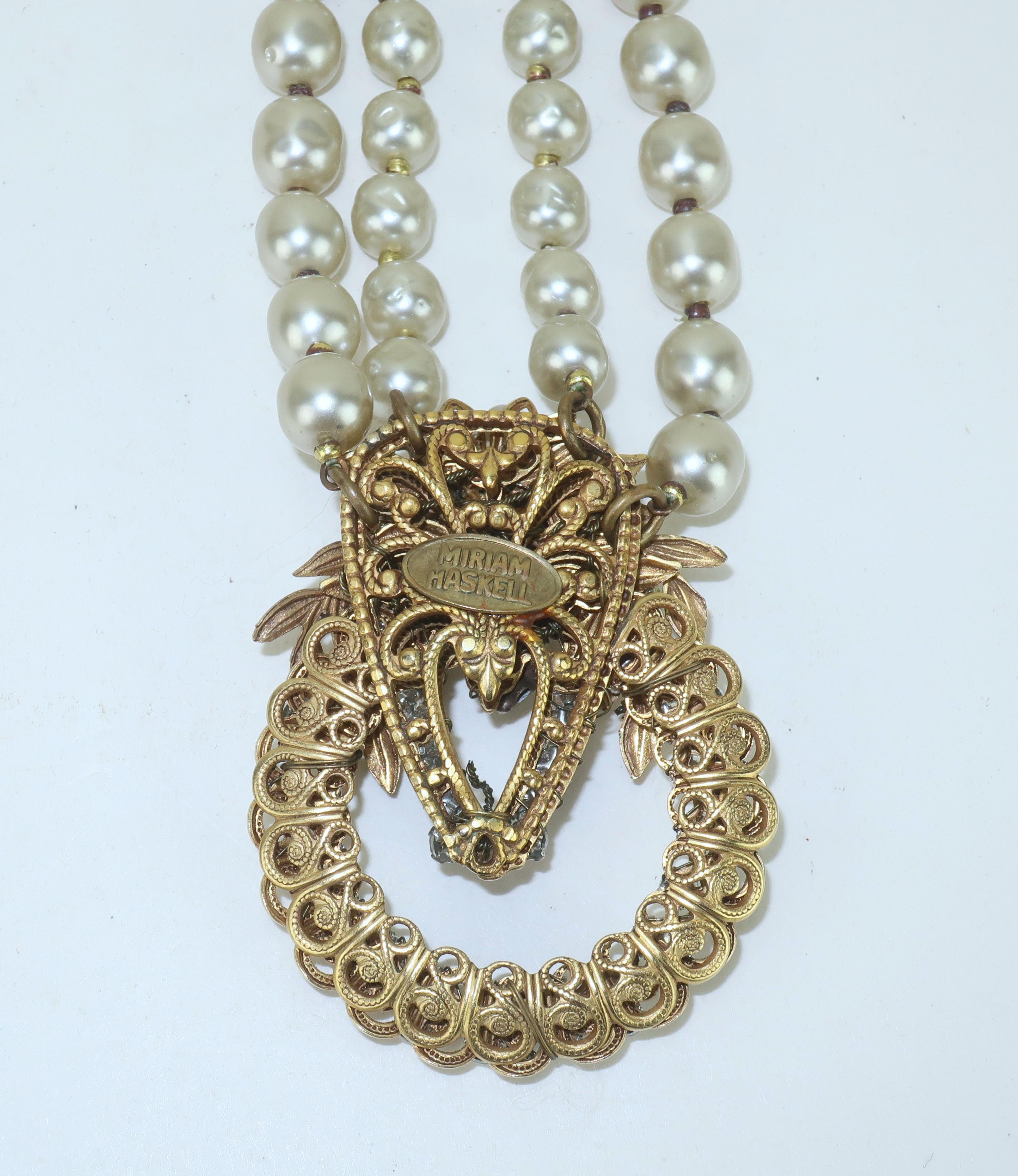 MIRIAM HASKELL Faux Baroque Pearl & Rhinestone Pendant Necklace, 1950's 2