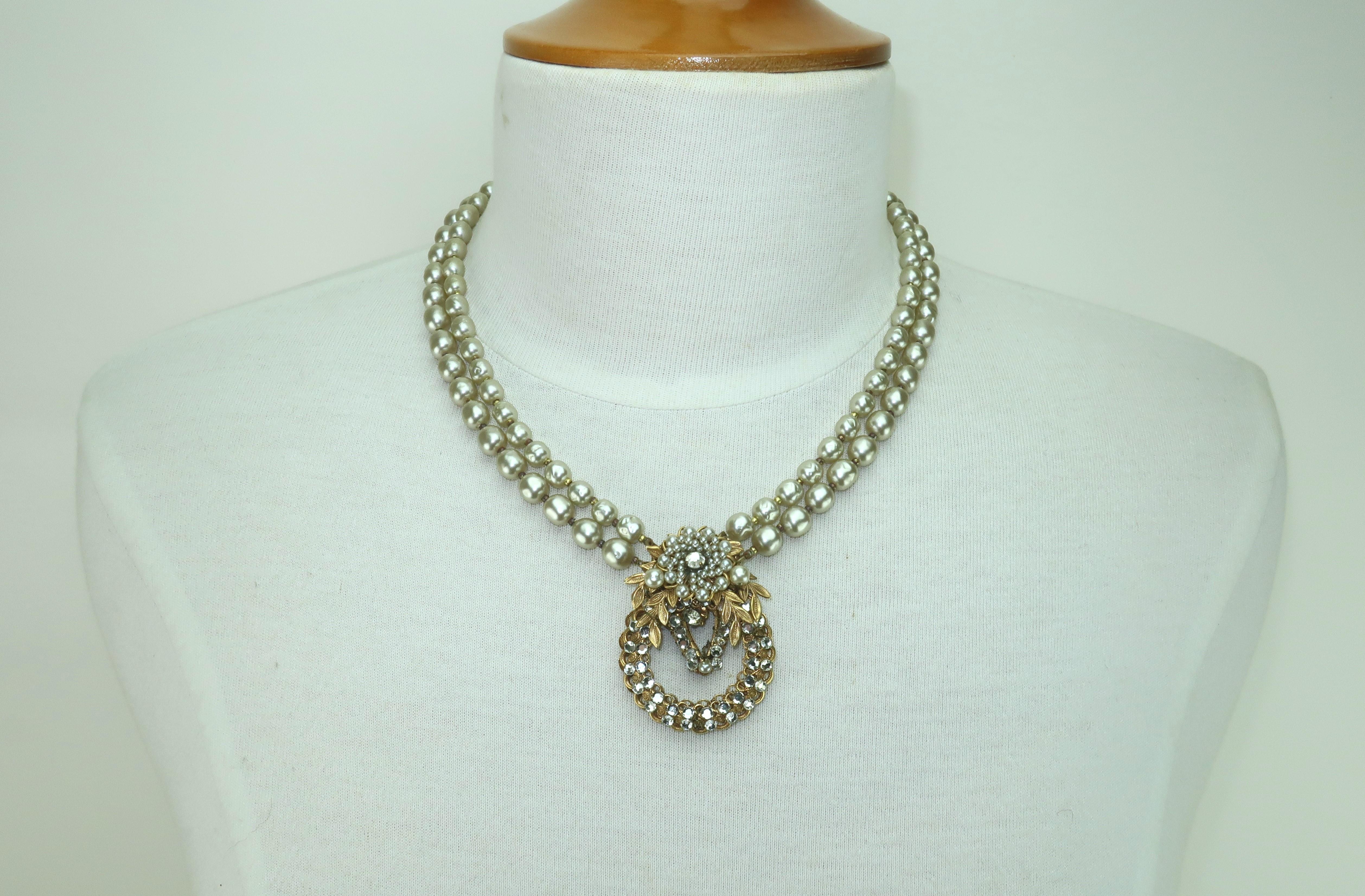 MIRIAM HASKELL Faux Baroque Pearl & Rhinestone Pendant Necklace, 1950's 3