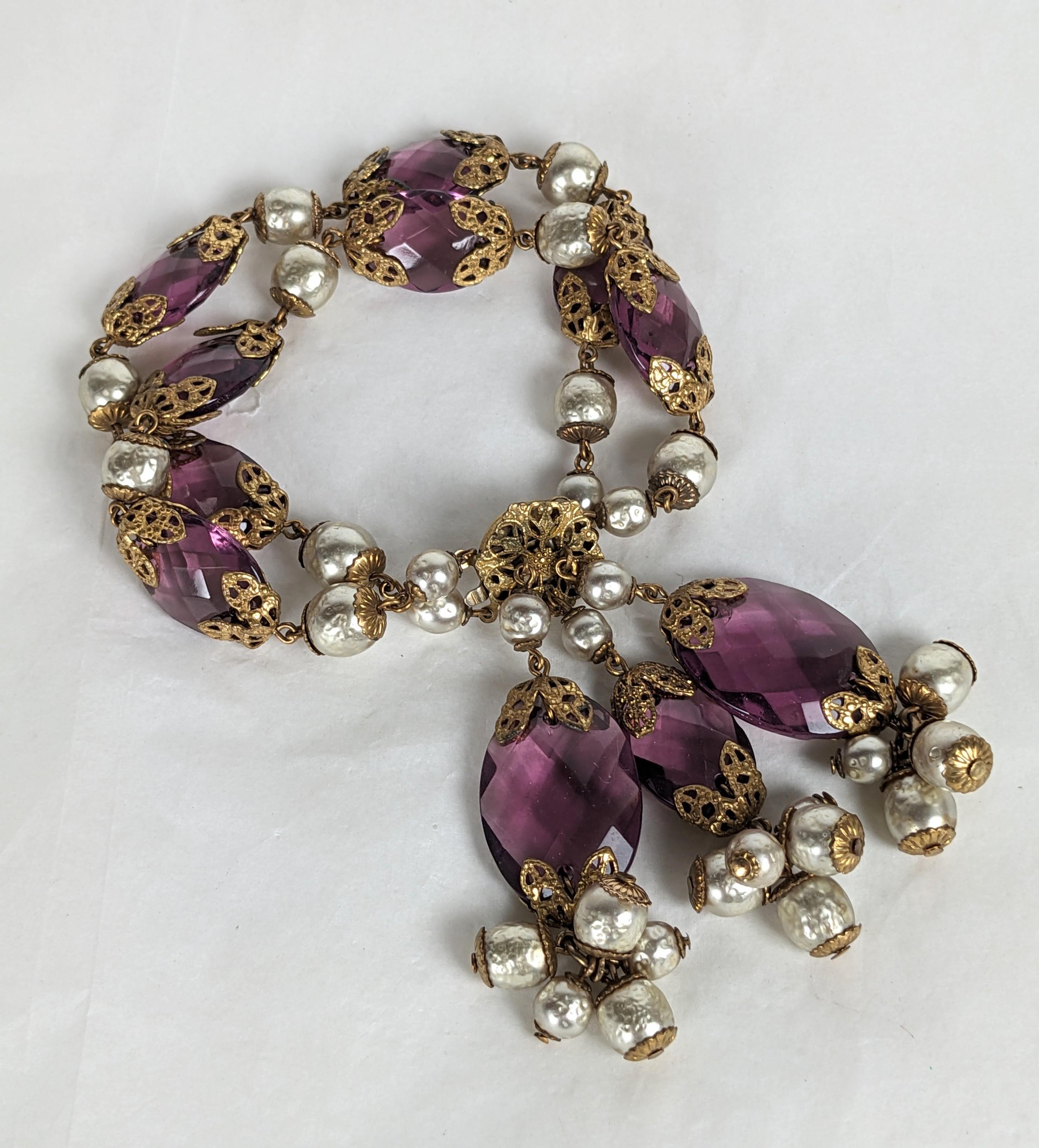Artisan Miriam Haskell Faux Pearl and Amythest Crystal Fob Bracelet For Sale