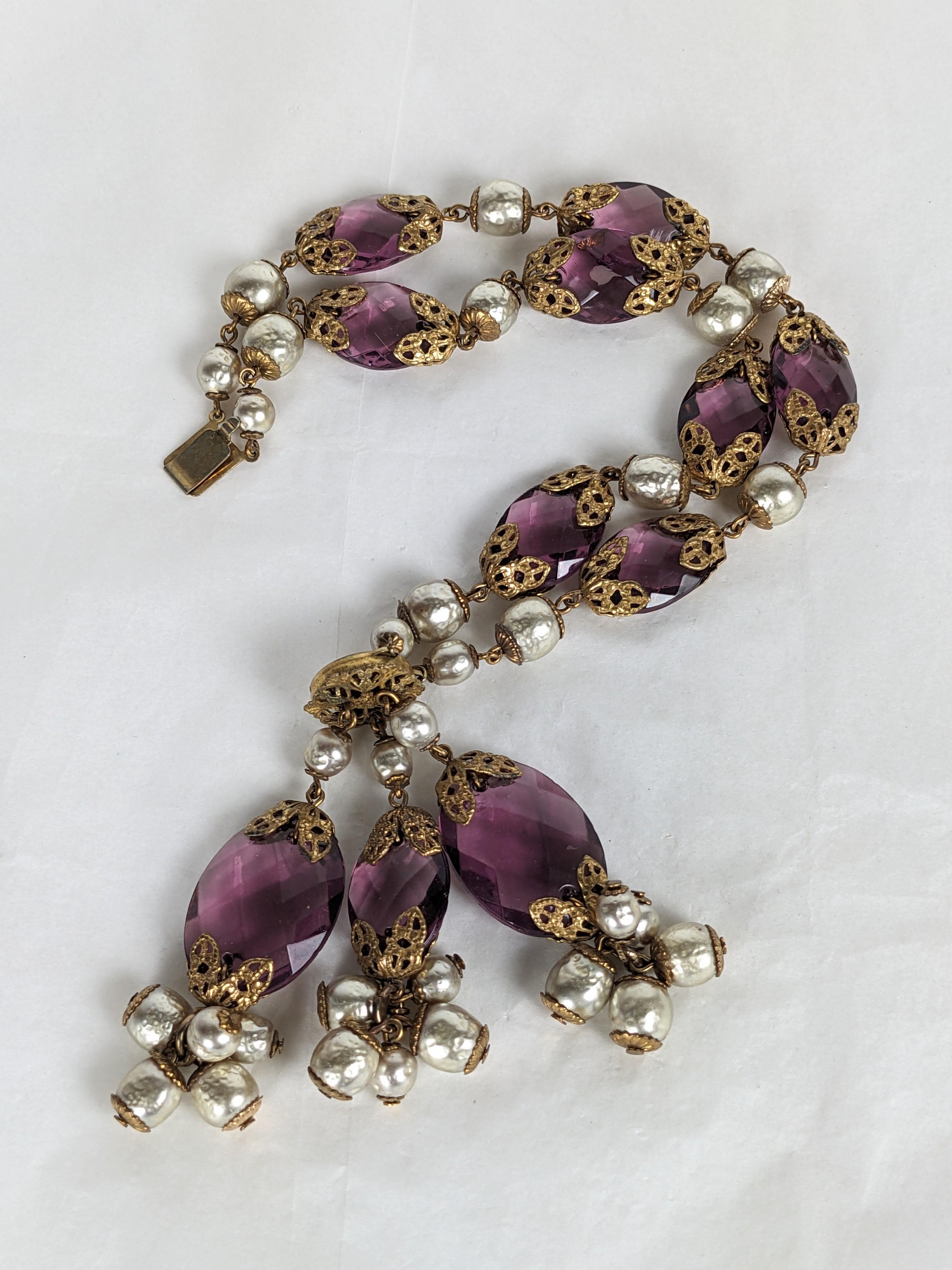 Bead Miriam Haskell Faux Pearl and Amythest Crystal Fob Bracelet For Sale