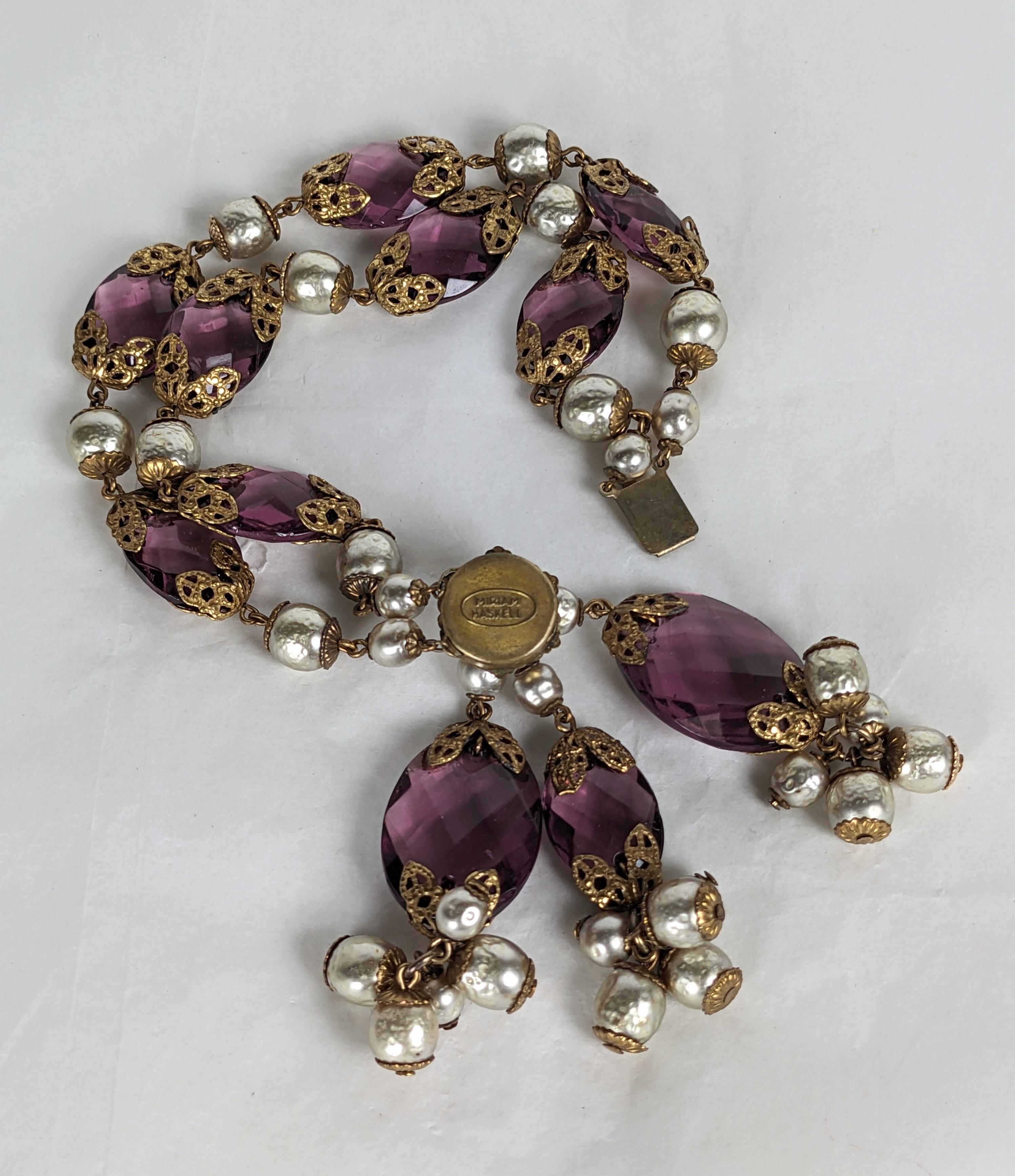 Miriam Haskell Faux Pearl and Amythest Crystal Fob Bracelet In Good Condition For Sale In New York, NY