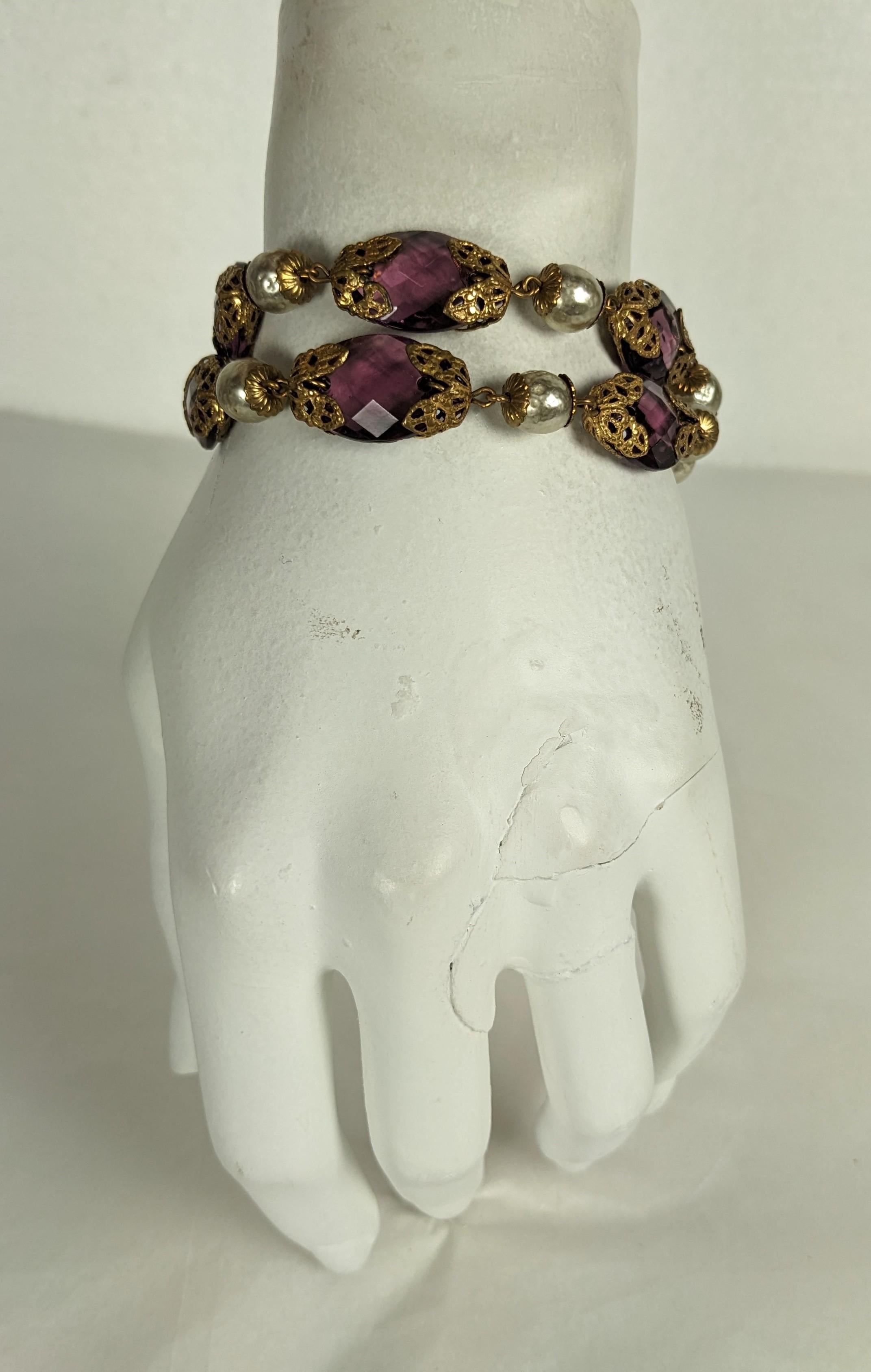 Women's or Men's Miriam Haskell Faux Pearl and Amythest Crystal Fob Bracelet For Sale