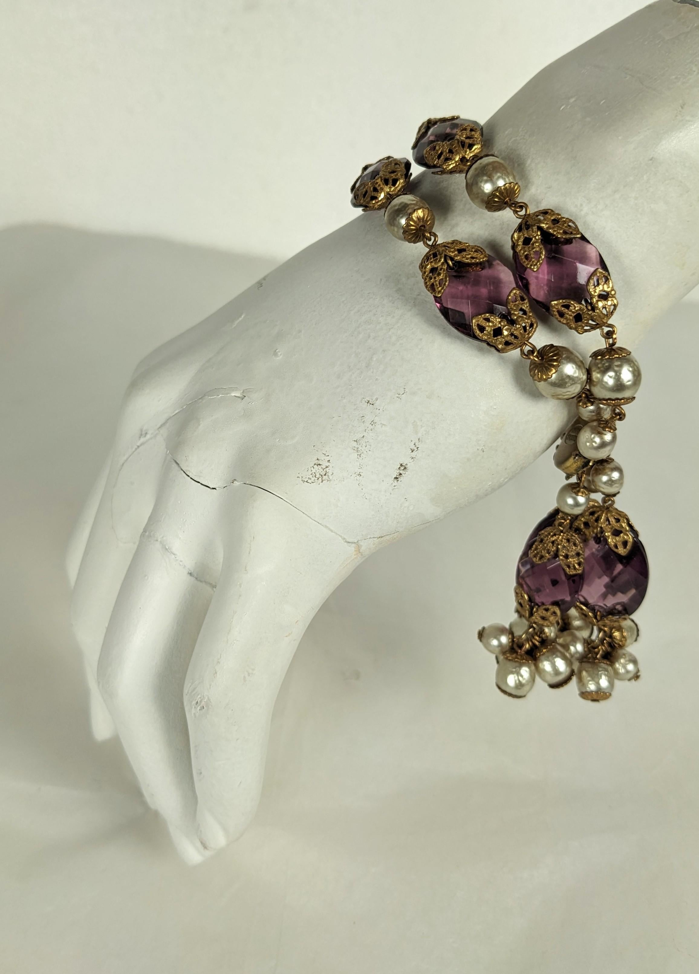 Miriam Haskell Faux Pearl and Amythest Crystal Fob Bracelet For Sale 1