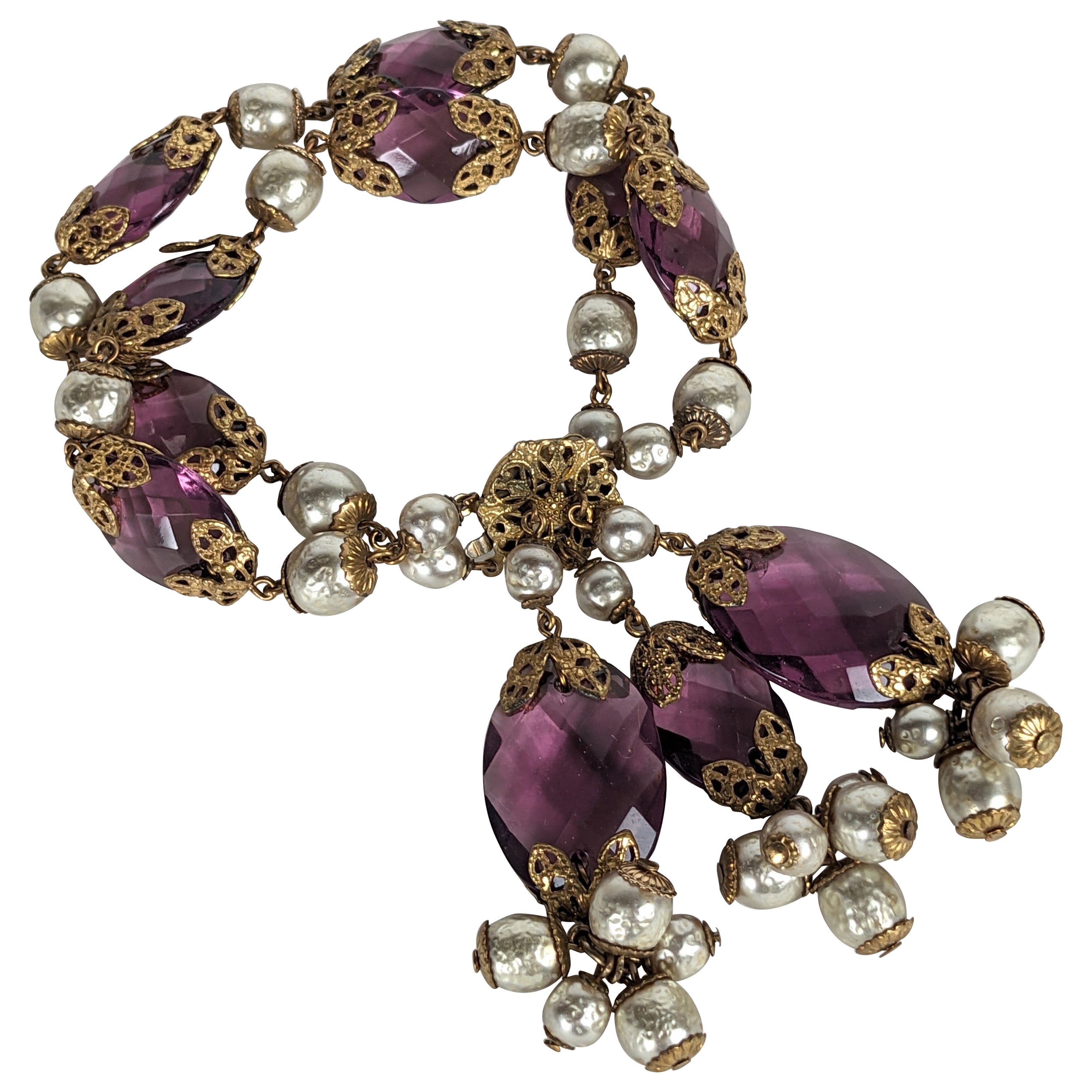 Miriam Haskell Faux Pearl and Amythest Crystal Fob Bracelet For Sale